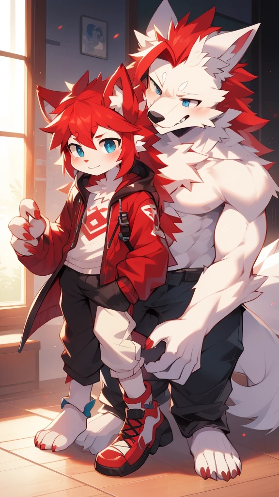 trouser ,white wolf, red hair, blue eyes,