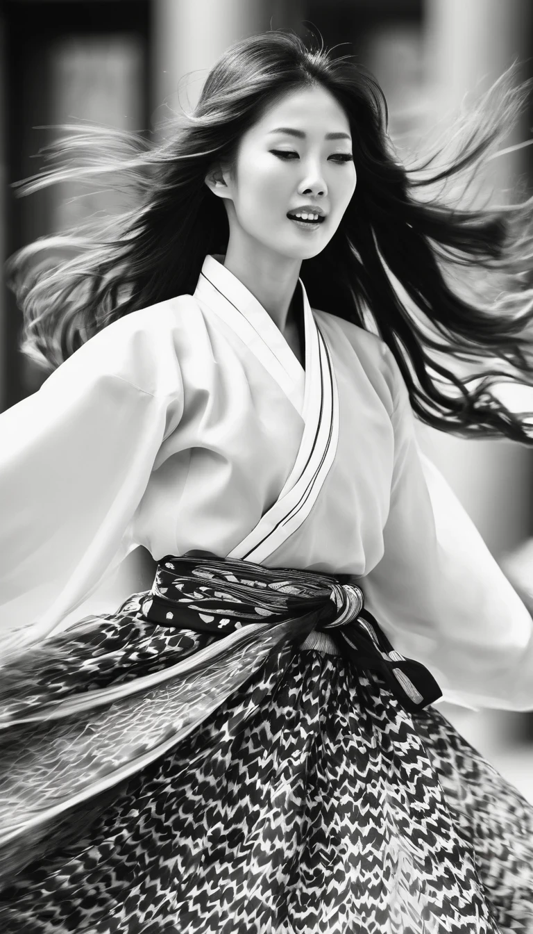 in style of Street photography, beautiful detailed，Motion blur, black and white close up, white background, a woman in an intricate and colorful hanbok dress, spinning frantically, translucent stinging air particles on the hem of the dress, professional fashion photography, super macro, unusually rich and super detailed texture of long wavy hair, poster style, minimalist , tilt shift of hands and face, Nikon, Hasselblad, Canon, Fuji, 16K
