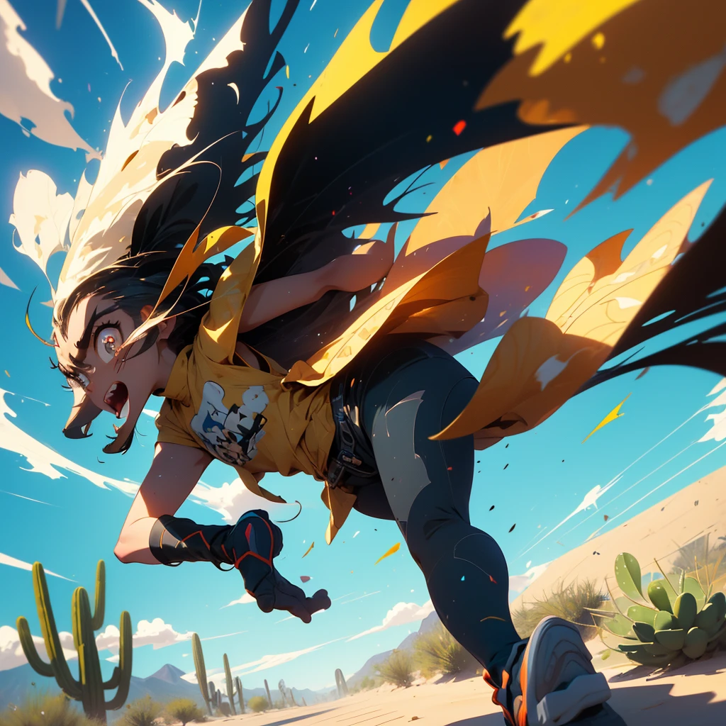 (a cartoonish,stylized,comic-book-style:1.1) road runner zips through the view, (leaving motion blur,velocity lines,trails), showcasing its incredible speed and agility. The road runner is depicted as vibrant and lively, with exaggerated features such as (big eyes:1.1) and (brightly colored feathers). The landscape is set in the magnificent (desert:warm,arid:sand dunes:cacti), with a clear blue sky overhead. The cartoonish road runner is captured in a (dynamic,action-packed) stance, (mid-stride) with its (legs extended,feet off the ground), emphasizing its swift movement. The motion blur created by the road runner's speed adds a sense of (energy,dynamism) to the scene. The (cartoonish:1.1) style gives a playful and whimsical touch to the overall composition. The desert environment is rendered in a stylized manner, with (sand dunes:rising and falling) and (cacti:proudly showcasing their prickly spines). The warm color tones in the sand create a sense of heat and vastness. The sky above is a clear, (vibrant blue), contrasting beautifully with the earthy tones of the desert. To enhance the visual appeal and quality of the image, the prompt should include tags such as (best quality,highres,masterpiece:1.2), (ultra-detailed), and (realistic:1.37) to ensure that the generated image is of the highest possible quality. Additional tags like (sharp focus,vivid colors) can further enhance the image's details and color saturation, while (studio lighting) can bring depth and dimension to the scene. In summary, the prompt for generating a high-quality image of a cartoonish road runner in a desert setting with motion blur might look like this: (a cartoonish,stylized,comic-book-style:1.1) road runner zips through the view, (leaving motion blur,velocity lines,trails), showcasing its incredible speed and agility. The vibrant road runner has (big eyes:1.1) and (brightly colored feathers), while the desert landscape features (sand dunes:cacti) under a clear blue sky. The image sho