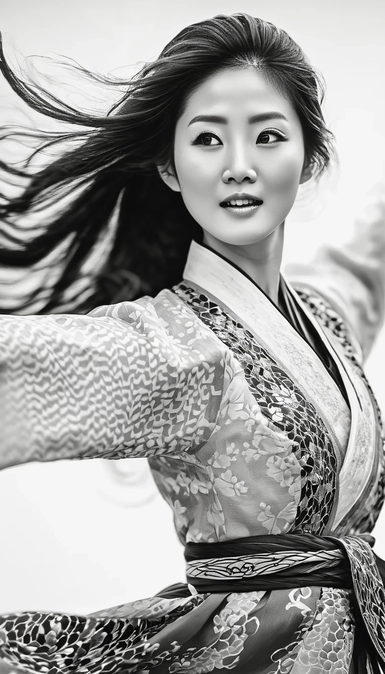 in style of Street photography, beautiful detailed,Motion blur, black and white close up, white background, a woman in an intricate and colorful hanbok dress, spinning frantically, translucent stinging air particles on the hem of the dress, professional fashion photography, super macro, unusually rich and super detailed texture of long wavy hair, poster style, minimalist , tilt shift of hands and face, Nikon, Hasselblad, Canon, Fuji, 16K