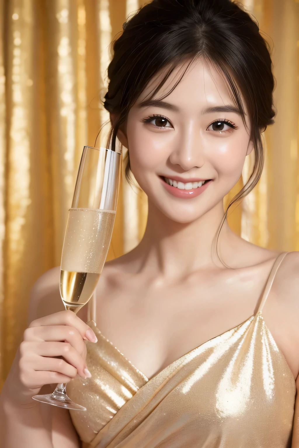 ((highest quality)), ((masterpiece)), (detailed), Perfect Face,Champagne,cheers,Japanese,smile,whole body