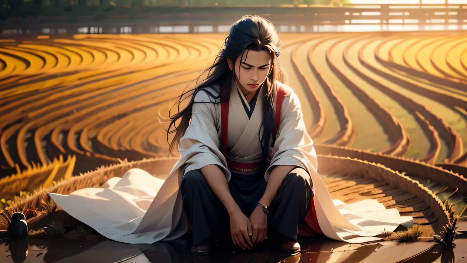 China,(In the fields,In the rice fields:1.5),A man,Around 25 years old,Long black hair,A little beard,Hanfu,Roll up your sleeves,bend over,Weeding,whole body,labor,farmer,You can vaguely see a thatched house in the distance,A 4--old l can be seen playing nearby.