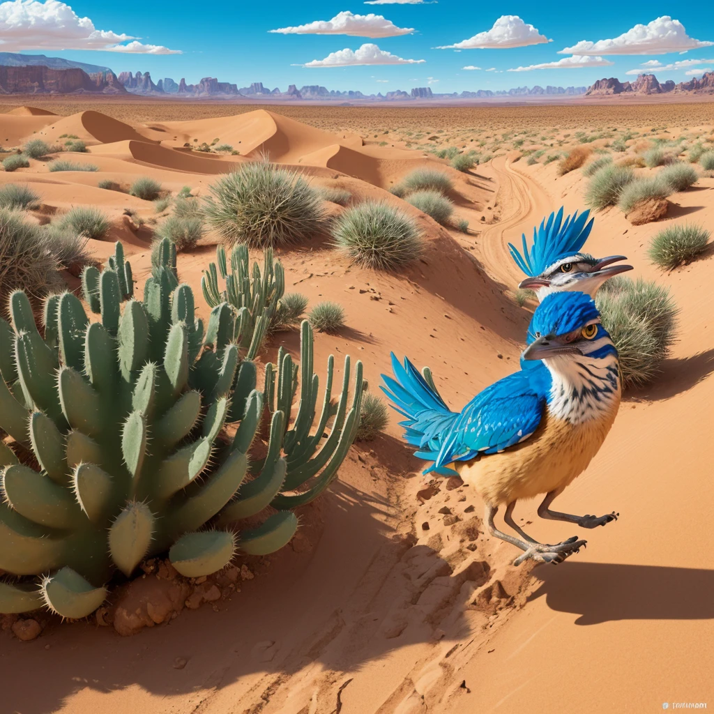 (a cartoonish,stylized,comic-book-style:1.1) road runner zips through the view, (leaving motion blur,velocity lines,trails), showcasing its incredible speed and agility. The road runner is depicted as vibrant and lively, with exaggerated features such as (big eyes:1.1) and (brightly colored feathers). The landscape is set in the magnificent (desert:warm,arid:sand dunes:cacti), with a clear blue sky overhead. The cartoonish road runner is captured in a (dynamic,action-packed) stance, (mid-stride) with its (legs extended,feet off the ground), emphasizing its swift movement. The motion blur created by the road runner's speed adds a sense of (energy,dynamism) to the scene. The (cartoonish:1.1) style gives a playful and whimsical touch to the overall composition. The desert environment is rendered in a stylized manner, with (sand dunes:rising and falling) and (cacti:proudly showcasing their prickly spines). The warm color tones in the sand create a sense of heat and vastness. The sky above is a clear, (vibrant blue), contrasting beautifully with the earthy tones of the desert. To enhance the visual appeal and quality of the image, the prompt should include tags such as (best quality,highres,masterpiece:1.2), (ultra-detailed), and (realistic:1.37) to ensure that the generated image is of the highest possible quality. Additional tags like (sharp focus,vivid colors) can further enhance the image's details and color saturation, while (studio lighting) can bring depth and dimension to the scene. In summary, the prompt for generating a high-quality image of a cartoonish road runner in a desert setting with motion blur might look like this: (a cartoonish,stylized,comic-book-style:1.1) road runner zips through the view, (leaving motion blur,velocity lines,trails), showcasing its incredible speed and agility. The vibrant road runner has (big eyes:1.1) and (brightly colored feathers), while the desert landscape features (sand dunes:cacti) under a clear blue sky. The image sho