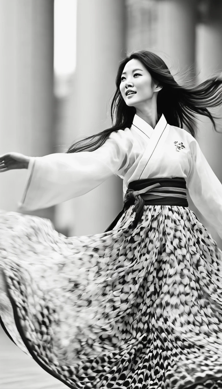 in style of Street photography, beautiful detailed，Motion blur, black and white close up, white background, a woman in an intricate and colorful hanbok dress, spinning frantically, translucent stinging air particles on the hem of the dress, professional fashion photography, super macro, unusually rich and super detailed texture of long wavy hair, poster style, minimalist , tilt shift of hands and face, Nikon, Hasselblad, Canon, Fuji, 16K

