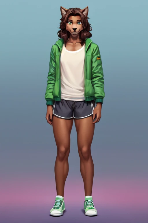 ((best quality)), ((masterpiece)), (detailed), perfect face, Furry, anthropomorphic Wolf, Russet brown fur, dark brown hair, dark green eyes, 6'1 and 173 lbs, 41" Chest, 19" Shoulders, 13" Biceps, 32" waist, 23" Thighs, 15" Calves, 19" Back, wearing green jacket, wearing Grayish-green sweat shorts, knee length shorts, wearing dark slate gray slip on shoes, perfect shading, soft shading, soft colors, vivid colors, pastel colors 