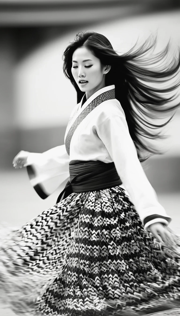 in style of Street photography, beautiful detailed，Motion blur, black and white close up, white background, a woman in an intricate and colorful hanbok dress, spinning frantically, translucent stinging air particles on the hem of the dress, professional fashion photography, super macro, unusually rich and super detailed texture of long wavy hair, poster style, minimalist , tilt shift of hands and face, Nikon, Hasselblad, Canon, Fuji, 16K
