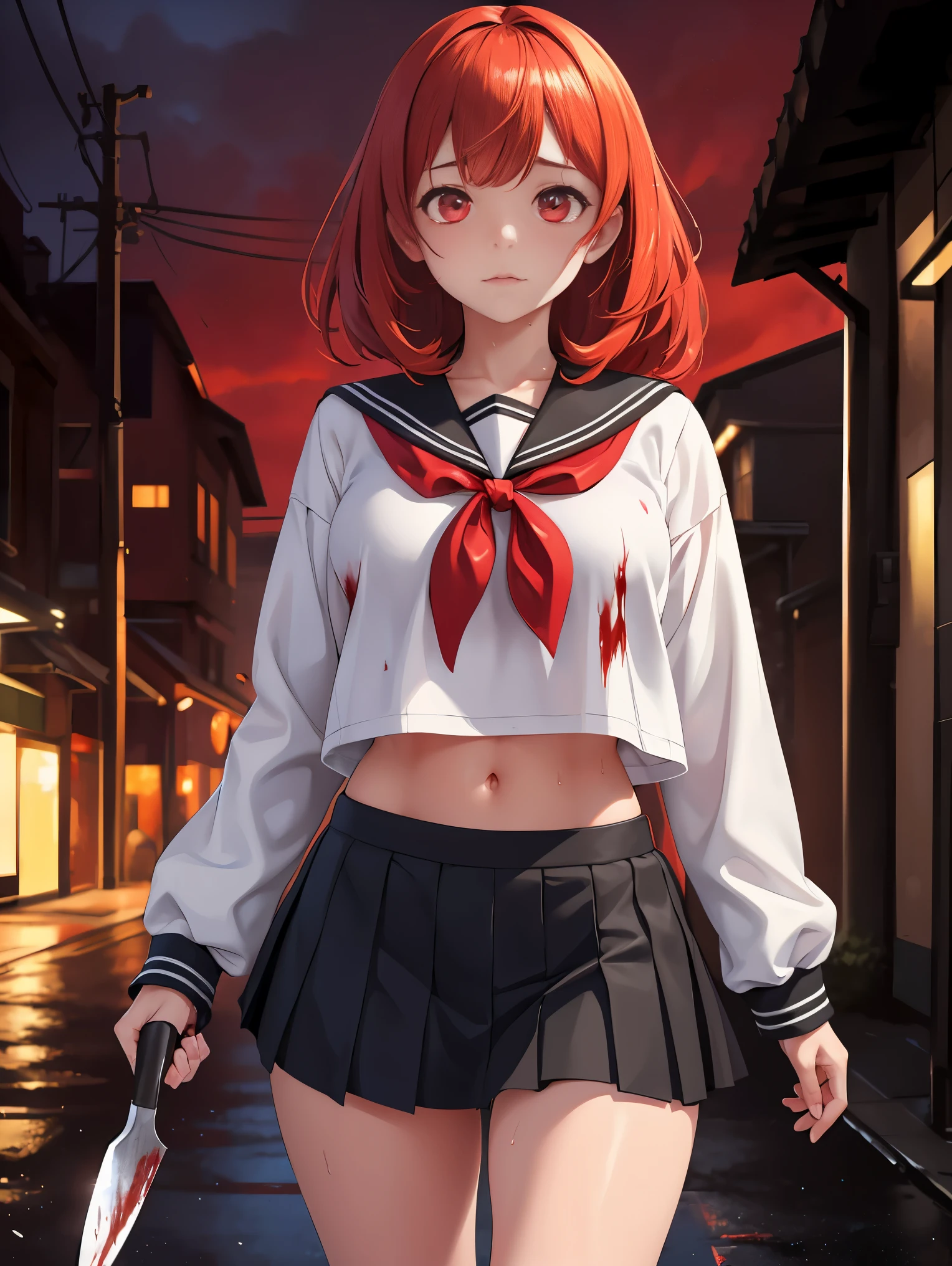 masterpiece, best quality, looking at viewer, facing viewer, bare legs, 1girl, solo, upper body, bow, serafuku, disgusted face, night time, heavy rain, outdoors, city, crop top, navel, wet clothes, drenched, overly long sleeves, hands in sleeves, blood tears, blood marks, dark alleyway, blood splattered on the ground, red bright light, glowing eyes, depth of field,holding a knife,red sky, atmofer,perfect hands