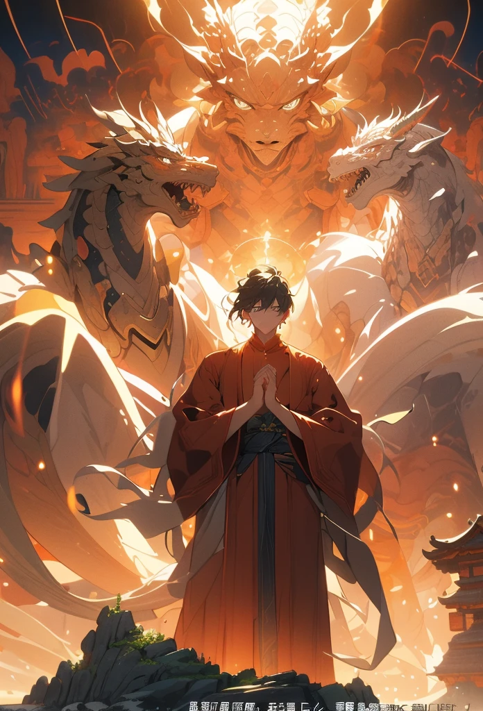 At the center of the illustration，There is a huge dragon，Its body is curved，The dragon scales shimmered with gold and green ligh eyes are shining，It reveals a majesty and power。

In front of the dragon，Standing a devout monk。He wore an ordinary cassock，The face is calm，had his hands folded，It seems to be silently chanting scripture。His eyes were firm，Showing perseverance and courage in faith。

The surroundings are depicted as a tranquil valley，The clouds are thick，The mountains in the distance stand tall。Sunlight shines on the ground through the clouds，It creates a sacred and solemn atmosphere