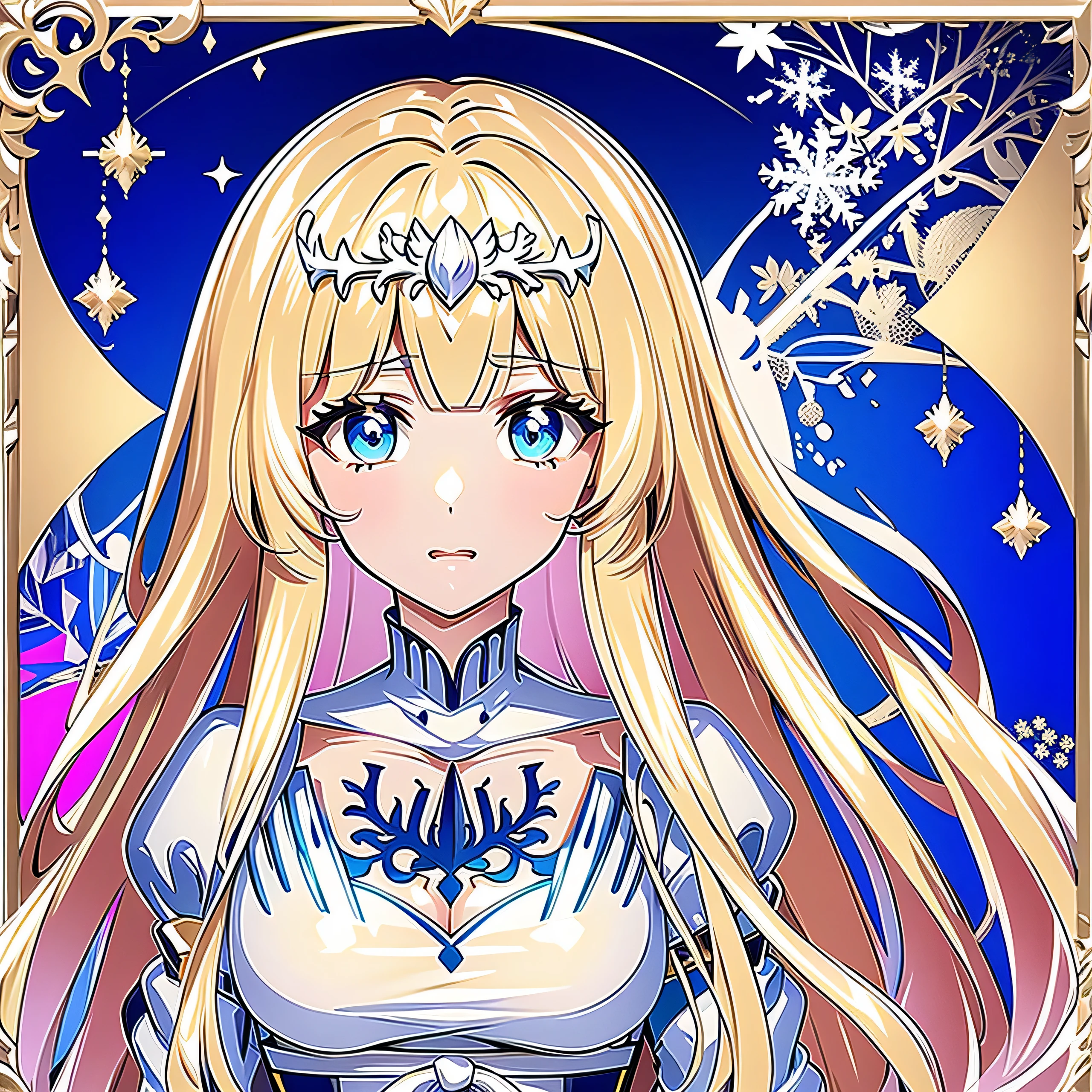 1 Lady、(masterpiece、top-quality、top-quality、Official art、Beautifully Aesthetic:1.2)、(1girl in)、ighly detailed、(Fractal Art:1.3)、colourfull、highestdetailed、Beautiful rendering、amazing wallpapers、picture frame、Detail Frame、Snowflake、robe blanche、Snowflake, 1girl, solo, Calca, Calca Bessarez, blonde hair, extremely long hair, very long hair, white tiara, white dress, blue eyes, medium chest
