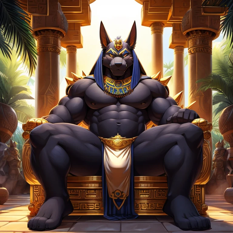 Anubis, portrait, male, stocky, thick body, furry, long spiky black fur, hairy body, manga, bara, y, looking at camera, in an open-air temple, lounging on a large ornate golden throne, open legs, lifting loincloth to show bulge, lush oasis background, three-quarter angle, by Arashi Takemoto