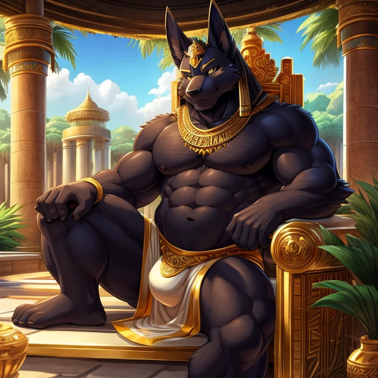 Anubis, portrait, male, stocky, thick body, furry, long spiky black fur, hairy body, manga, bara, sexy, looking at camera, in an open-air temple, lounging on a large ornate golden throne, open legs, lifting loincloth to show bulge, lush oasis background, three-quarter angle, by Arashi Takemoto