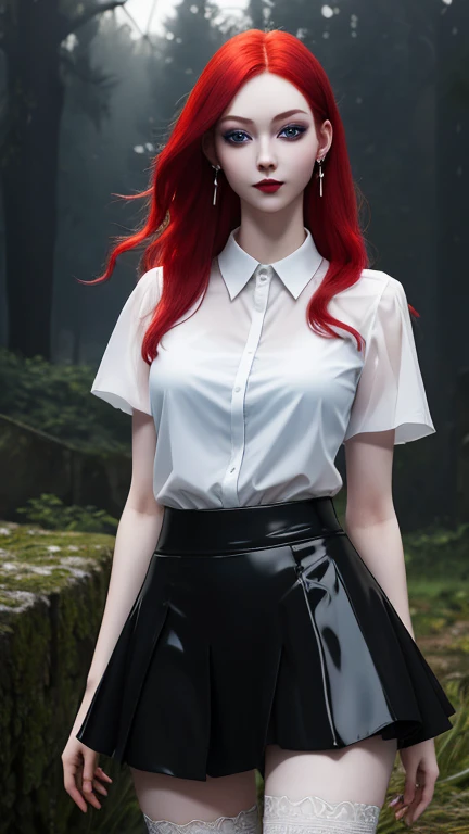 Ultra realistic, 16k, best quality, high resolution, 1 girl, 17 years old, long red hair, blue eyes, pale white skin, flushed cheeks, cute face, gothic makeup, earrings, transparent shirt, sexy black latex skirt, medium detailed hot breasts, slender tall hot body, sexy smile, sensual posture, full-length sexy pantyhose, Battle ruins, wide hips, thick legs, torn clothes, blurred background, depth, dream aesthetic, dream atmosphere, cinematic lighting.