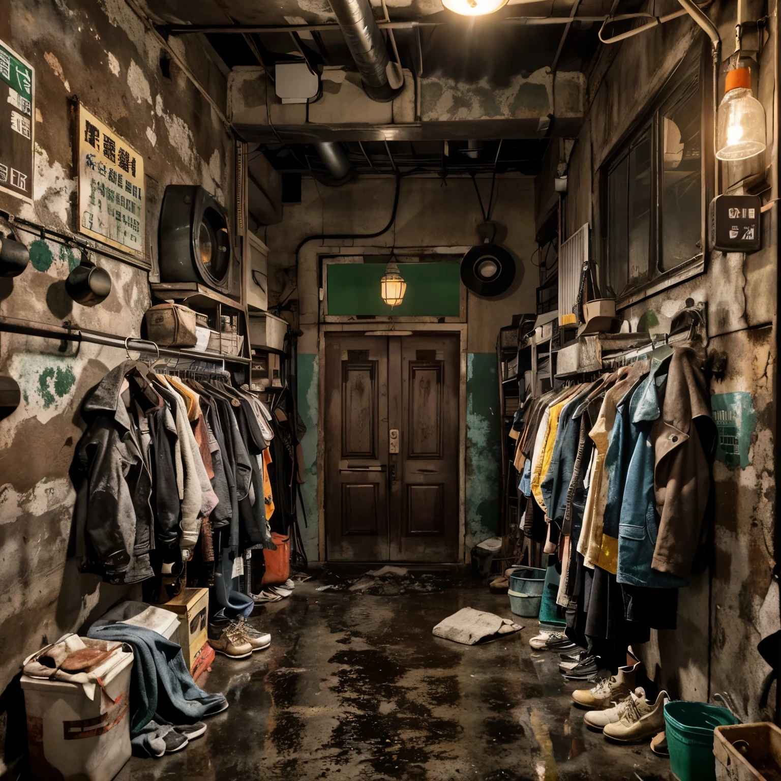 1950's 老舊昏暗的衣帽間二旁充滿了Colorful and bright performance stage costumes,Surreal and highly detailed illustration of Tongrunhui Apartment without windows, Image with load object, Viewpoint from below, Dirty cement stairs with cracks,metal sign, cable, pole, Rusty pipes, wall pipes, electricity meters, gray and dark walls, Paint on damaged walls, metal and Rusty scrap, Mechanical Parts (Rusty, Brown), Neon wall highly detailed,Colorful and bright performance stage costumes, spotlight, artificial sterile environment, Fog and fairly thick smoke, very dark landscape shadows, red and green neon lights, Wet, Puddles reflect dim ambient light, wooden, Entrance, night