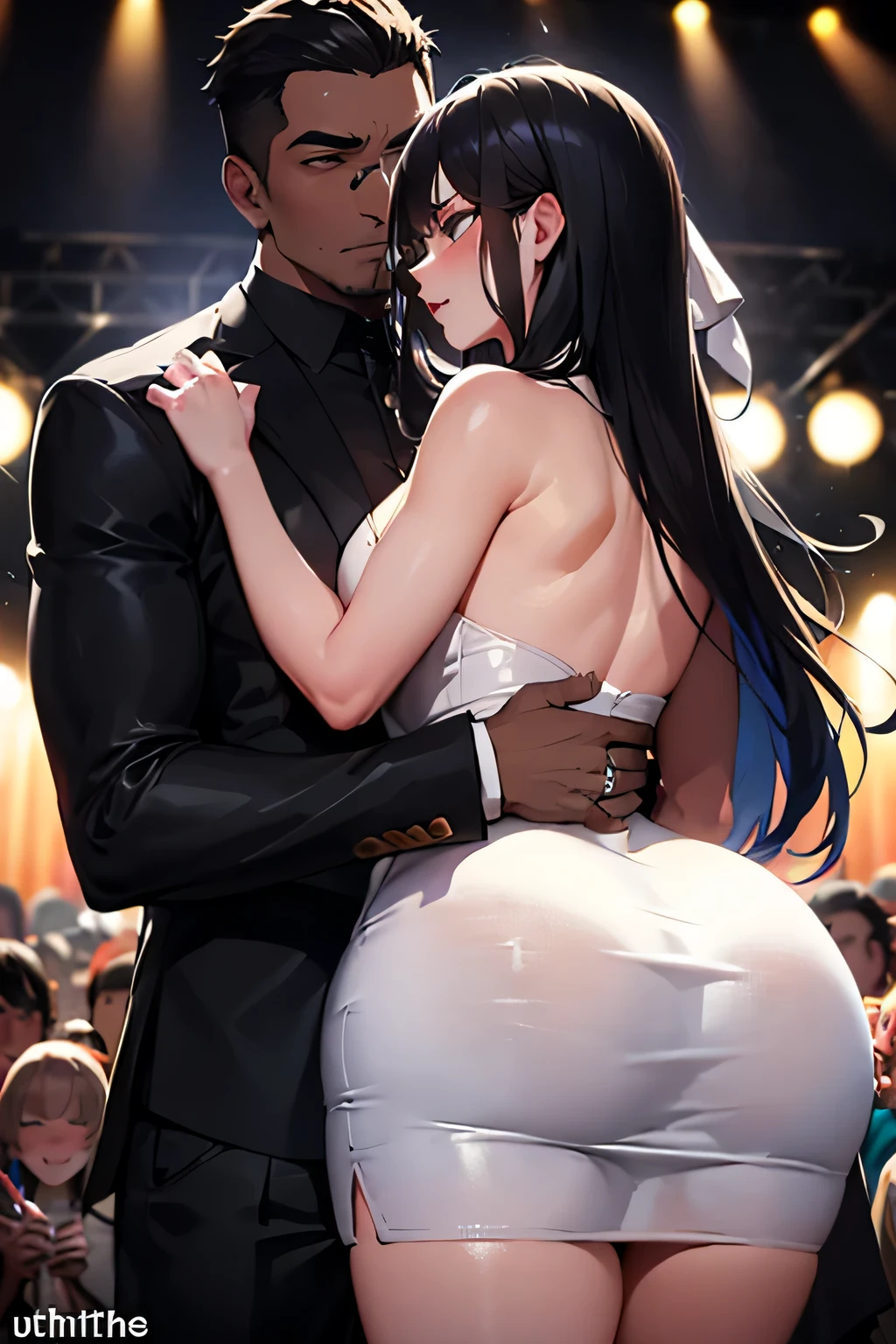 (A muscular big black man in the club) (Intense and intimate moment between the couple: 1.9) (The woman’s black hair cascades down her shoulders, highlighting her beauty: 1.9) (Their faces express deep love and desire: 1.9) (Soft club lights illuminates the club, creating a romantic ambiance: 1.8) (woman wearing a short tight dress) (curvy woman with big ass) (large man) (clean colours hyper realistic) (beautiful lighting) (crowded club in background) (big black man) (short white girl) (club dress) (dance floor in the background with crowd)