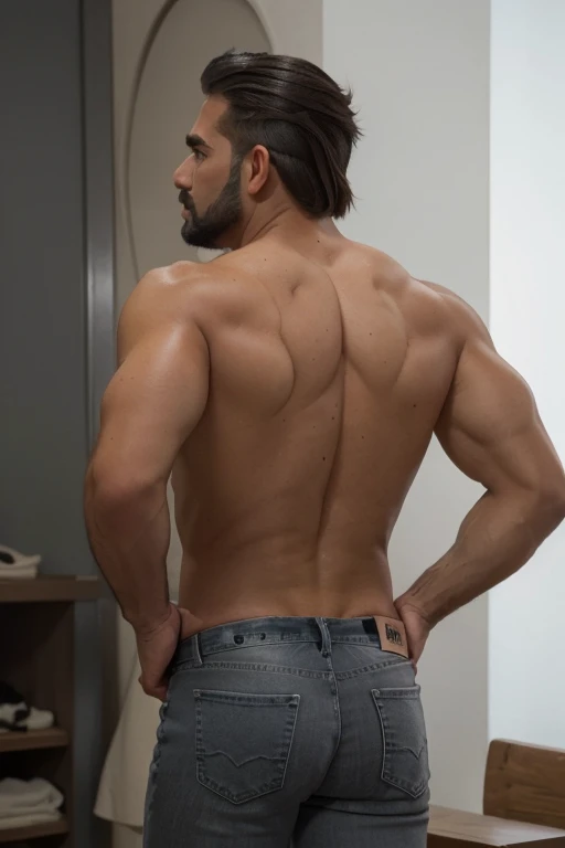 ultra detallado, 1 hombre, macho maduro, muscular, deportista, piel bronceada, latino, 36 years old, negro hair, gray fur, barbas de chivo, cabello demasiado cortado, serious expression, shirtless, cuerpo completo blue Jeans backside backside backside 