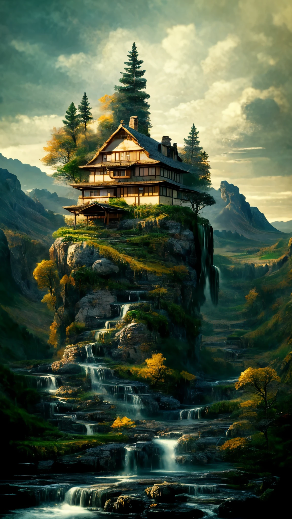 Painting of a breathtaking waterfall cascading down in a mountainous region, with a quaint house perched atop a vertical cliff, heavily inspiring a vertical wallpaper. This 4k and 8k masterpiece showcases the intricate details of the scenic background, as the waterfall's crystal-clear waters flow gracefully down the mountain, creating a dramatic and aesthetic scene. Fine lines and textures are precisely rendered, with a matte finish that accentuates the realistic and immersive feel. The quaint house, in warm tones, blends seamlessly into the environment, adorned with lovely gardens and chimney smoke wafting gently through the cool mountain air