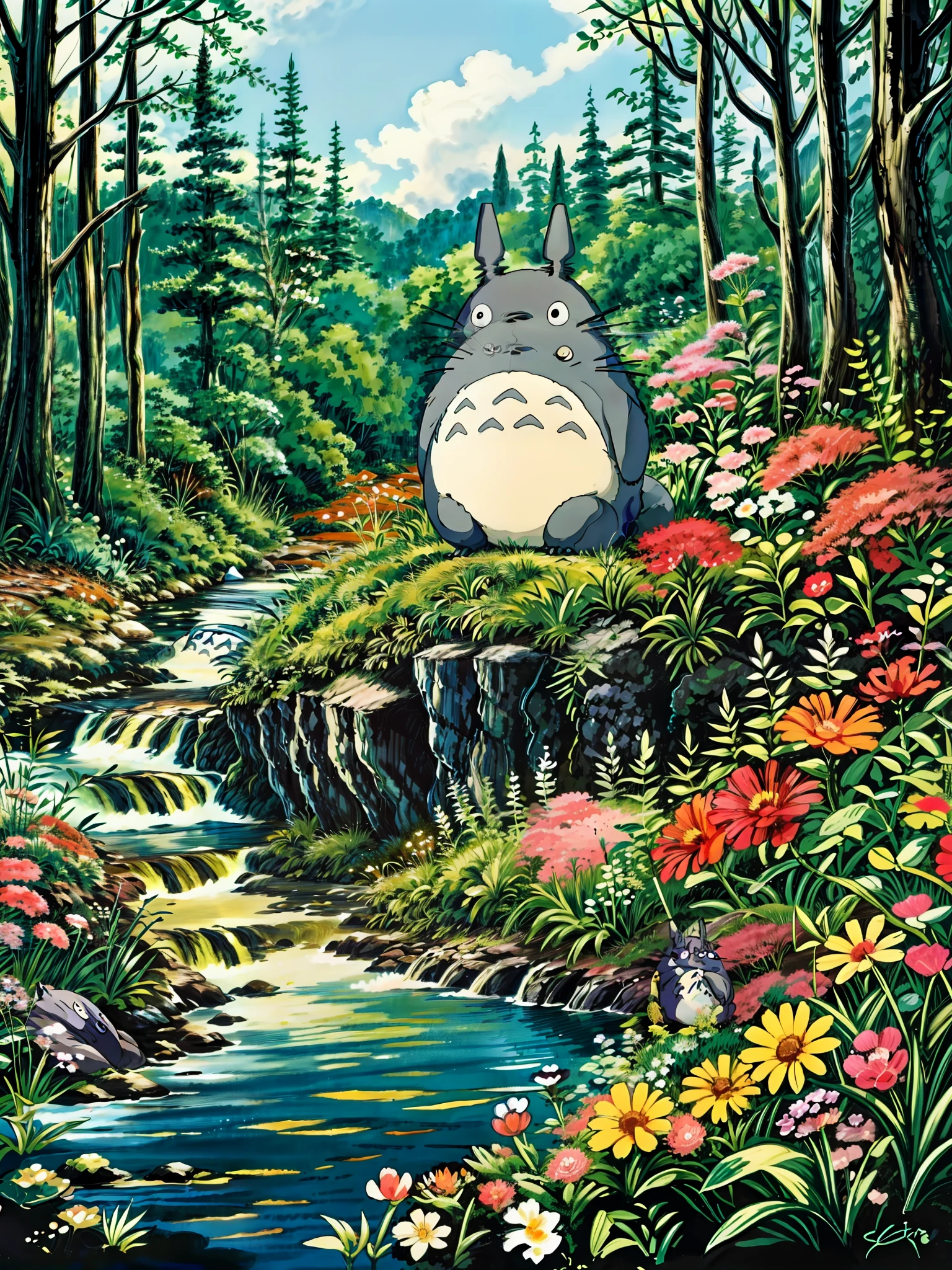 a painting of a totoro sitting near the river, flowers, multicolored flowers, my neighbor totoro, totoro from my neighbor totoro, hayao miyazaki\'s movies, onstudio ghibli, ghibli studio style, of totoro, style of studio ghibli, moody :: studio ghibli, totoro sitting in a forest, studio ghibli filter, totoro, cinematic studio ghibli still