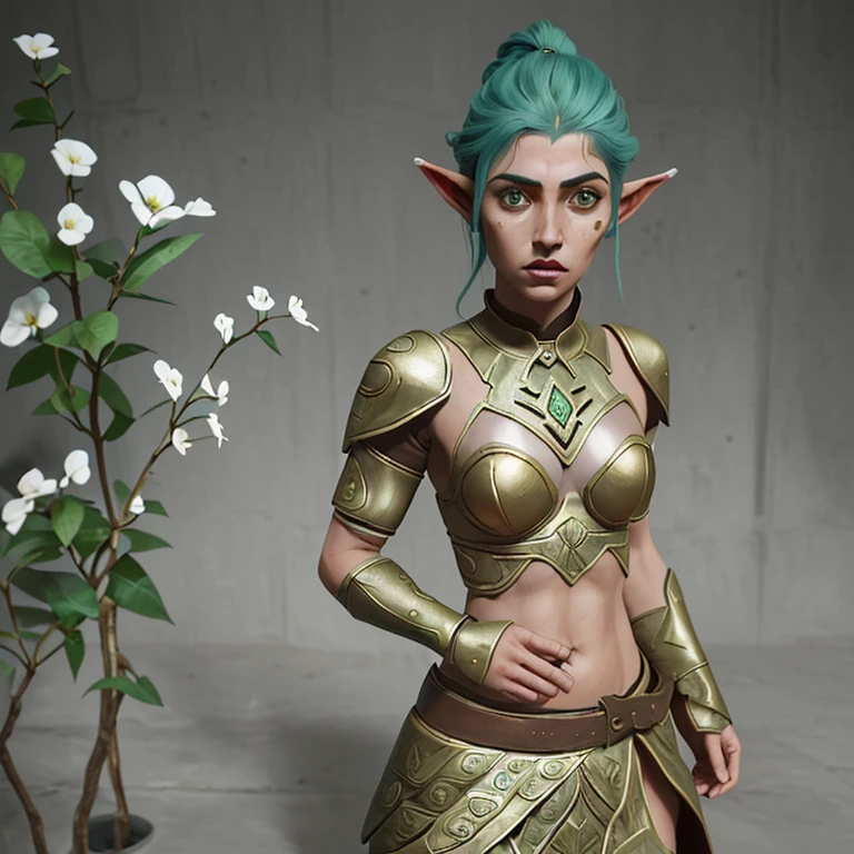 Warrior female elf, mulher esbelta, de pele branca com sardas no rosto, longos cabelos cor de bronze todo florido e olhos verdes. Traja no seu torso uma meia armadura dourada e azul, with flower patterns in shades of green. No seu ombro esquerdo uma ombreira em forma de flor com uma gema amarela no seu centro. Nas pernas, uma saia branca com tons de dourado e uma guarda de cintura prateado. Carrega na sua cintura uma espada longa de prata