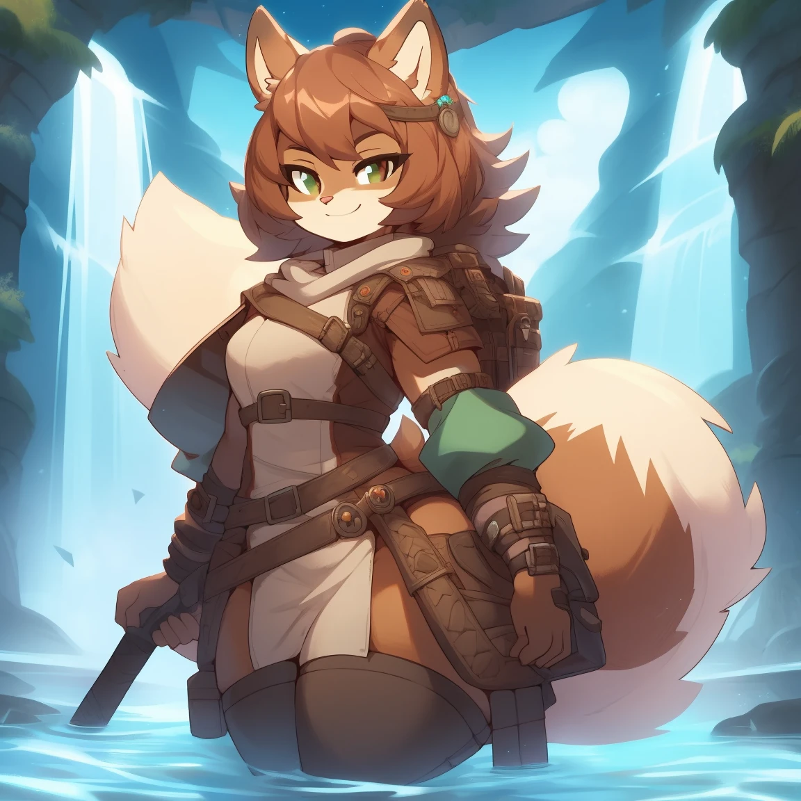 Best quality, Super detailed illustration, (fluffy squirrel boy:1.4), solo, female, feminine face and body, disheveled thick hair, nude, adventurer equipment, smug smile, half-closed eyes, tomboy, wide hips, thicc, hourglass figure, huge butt, rotund breasts, DND style