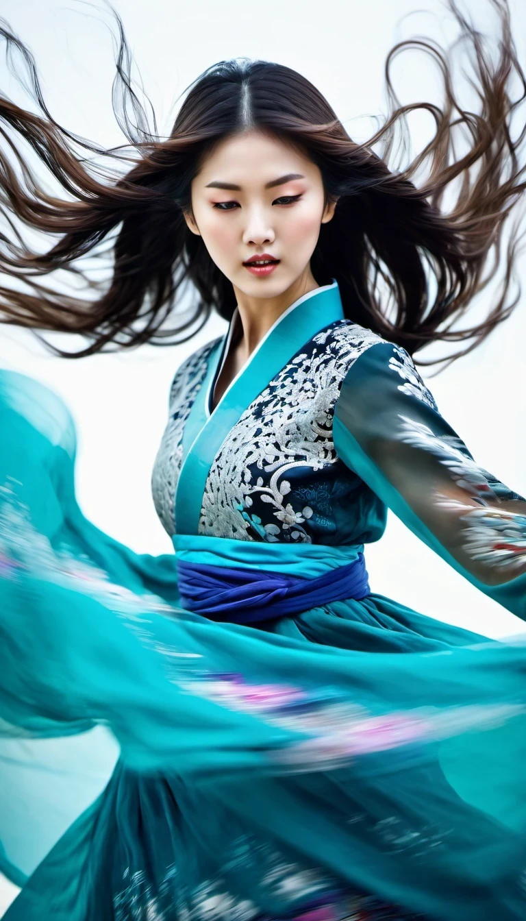 in style of Street photography, beautiful detailed,Abnormally stunning beautiful face,Motion blur, black and white close up, white background, a woman in an intricate and colorful hanbok dress, spinning frantically, translucent stinging air particles on the hem of the dress, professional fashion photography, super macro, unusually rich and super detailed texture of long wavy hair, poster style, minimalist , tilt shiStreet style, beautifully detailed, motion blur, black and white close-up, blue background, a woman in an intricate and colorful hanbok, spinning frantically, translucent tingling air particles on the hem of her dress, professional fashion photography, super macro, long wavy hair with unusually rich and super-detailed textures, poster style, minimalist, tilted movement of hands and face, Nikon, Hasselblad, Canon, Fuji, 16Kft of hands and face, Nikon, Hasselblad, Canon, Fuji, 16K