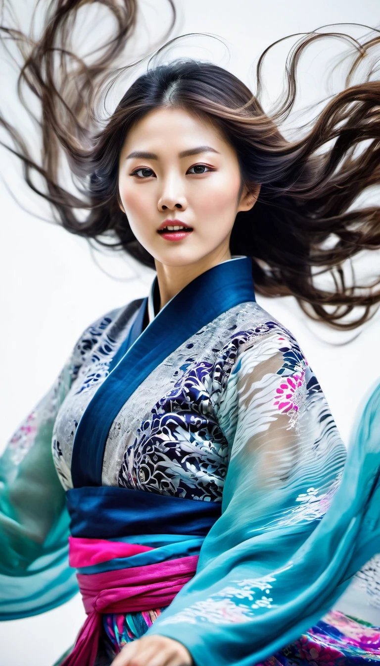 in style of Street photography, beautiful detailed,Abnormally stunning beautiful face,Motion blur, black and white close up, white background, a woman in an intricate and colorful hanbok dress, spinning frantically, translucent stinging air particles on the hem of the dress, professional fashion photography, super macro, unusually rich and super detailed texture of long wavy hair, poster style, minimalist , tilt shiStreet style, beautifully detailed, motion blur, black and white close-up, blue background, a woman in an intricate and colorful hanbok, spinning frantically, translucent tingling air particles on the hem of her dress, professional fashion photography, super macro, long wavy hair with unusually rich and super-detailed textures, poster style, minimalist, tilted movement of hands and face, Nikon, Hasselblad, Canon, Fuji, 16Kft of hands and face, Nikon, Hasselblad, Canon, Fuji, 16K