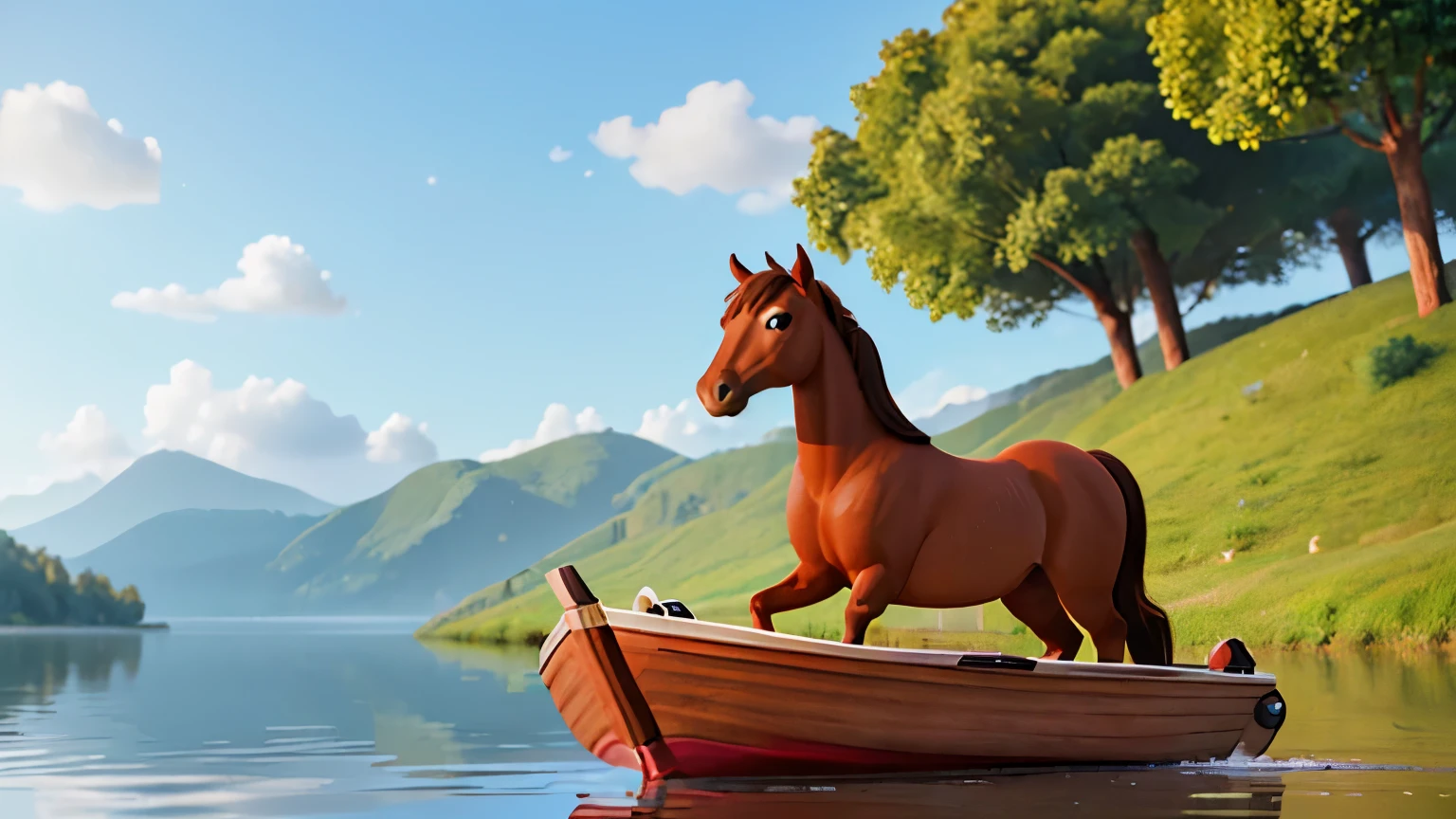 Generate a picture, (a brown horse standing on a boat in the lake: 1.3), overall warm tone, distant view composition, rippling lake surface, lakeside grassland, dense forest background, distant flying birds, 3D cartoon style, Pixar style, animated movie lighting, HD, best quality, high quality hair texture, animation style, (Easy: 1.1)，watery eyes