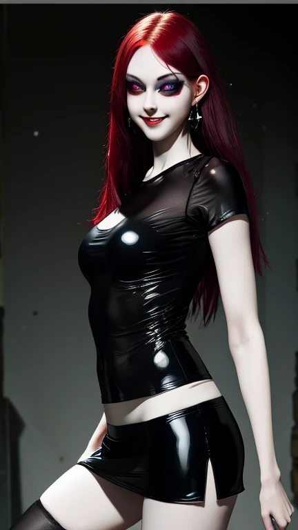 Ultra realistic, 16k, best quality, high resolution, 1 girl, ************, long red hair, evil eyes look, pale white skin, flushed cheeks, cute face, gothic makeup, earrings, transparent shirt, sexy black latex skirt, medium detailed hot breasts, slender tall hot body, sexy smile, sensual posture, full-length sexy pantyhose, Battle ruins, wide hips, thick legs, torn clothes, blurred background, depth, dream aesthetic, dream atmosphere, cinematic lighting.