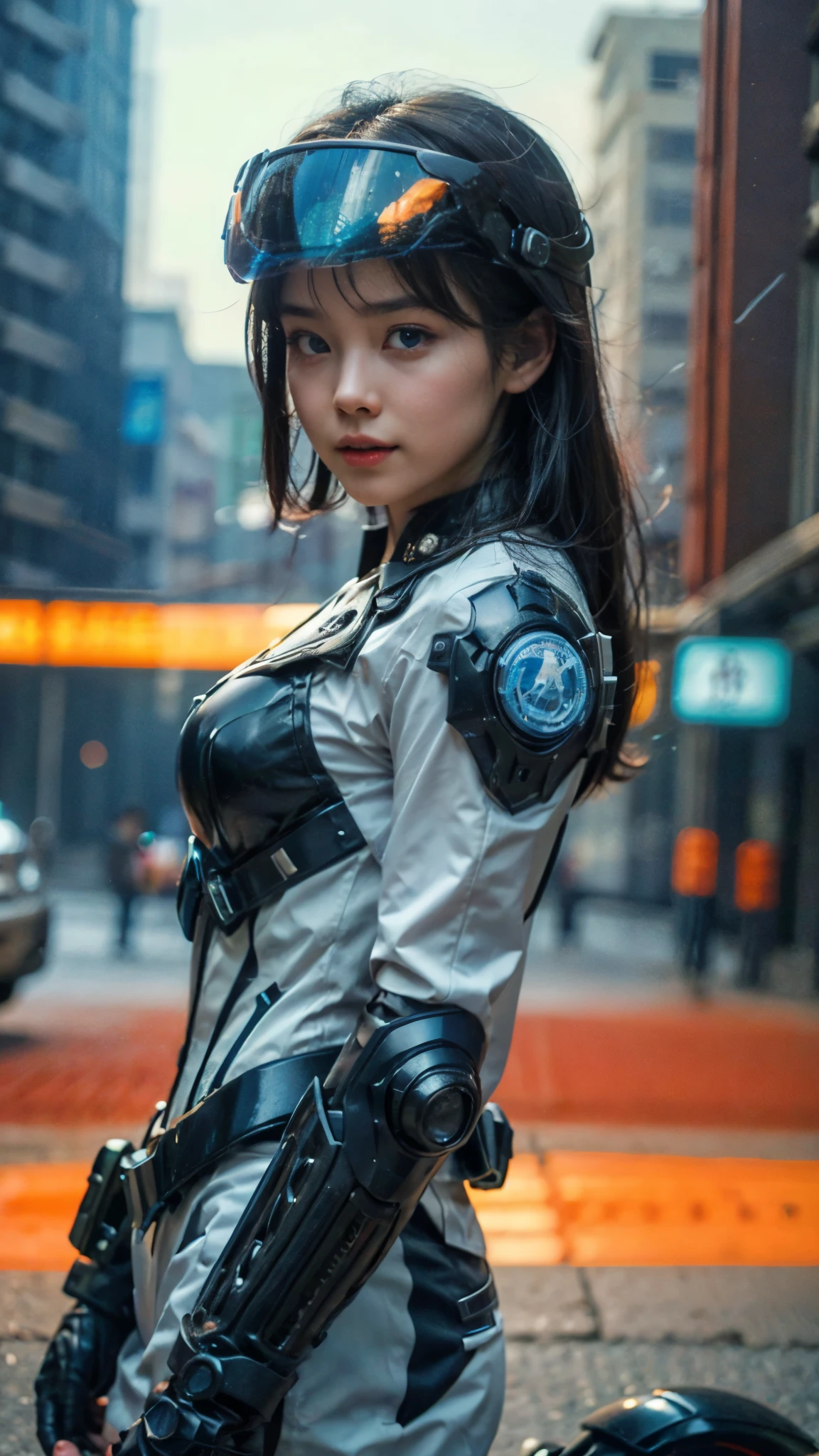 Highest image quality at your disposal, this intricately crafted illustration boasts outstanding details and ultra-high resolution (realism: 1.4). Witness the best illustration come to life as a glamour girl, adorned in a blue and black mecha suit, proudly dons a sleek mecha helmet. With a delicate and beautiful face framed by the helmet's visor, she grips a directional controller, her eyes focused on the path ahead. Revving up her motorcycle in the high-tech lighting scene of the future city, the background remains a spectacle of advanced technology.
