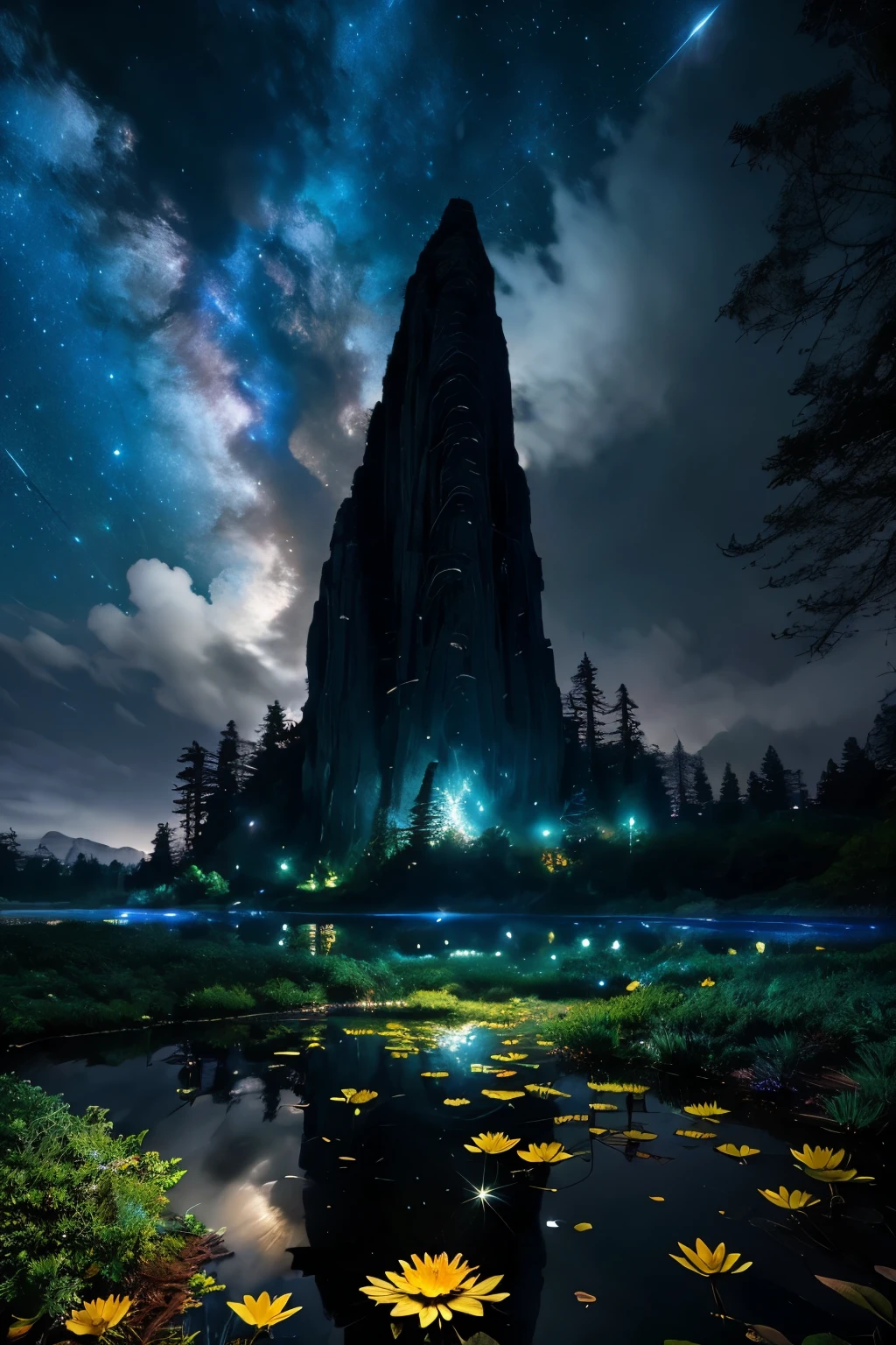 Imagined is a mesmerizing enchanted forest, where towering leaves of vibrant hues and otherworldly flowers create a fantastical backdrop. This mystical landscape comes alive with airbrushed artistry, as a serene river meanders beneath a night sky. Above, a colossal moon casts its ethereal glow among towering clouds, where intricate fluffy clouds drift among the stars. A celestial planet reigns in the heavens, its luminescent surface reflecting off the water's surface. Exquisite, unearthly flowers bloom on the forest floor, their petals depicting intricate patterns and textures. Majestic cliffs c