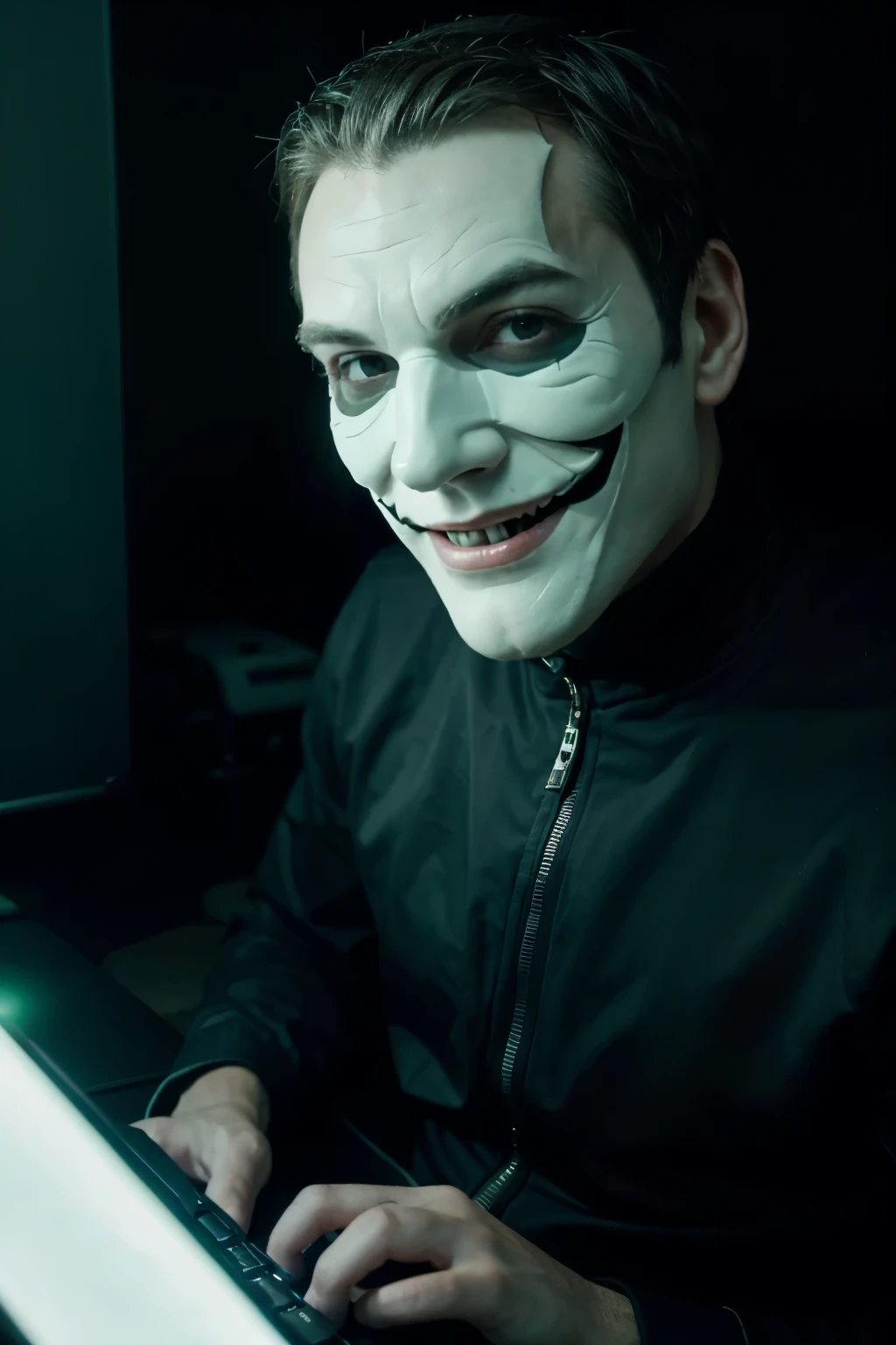 A Man,, scammer, evil smile, numbers,, , black woody, white mask on the face , , dark room ,green light, typing on A computer, bright light, with numbers everywhere