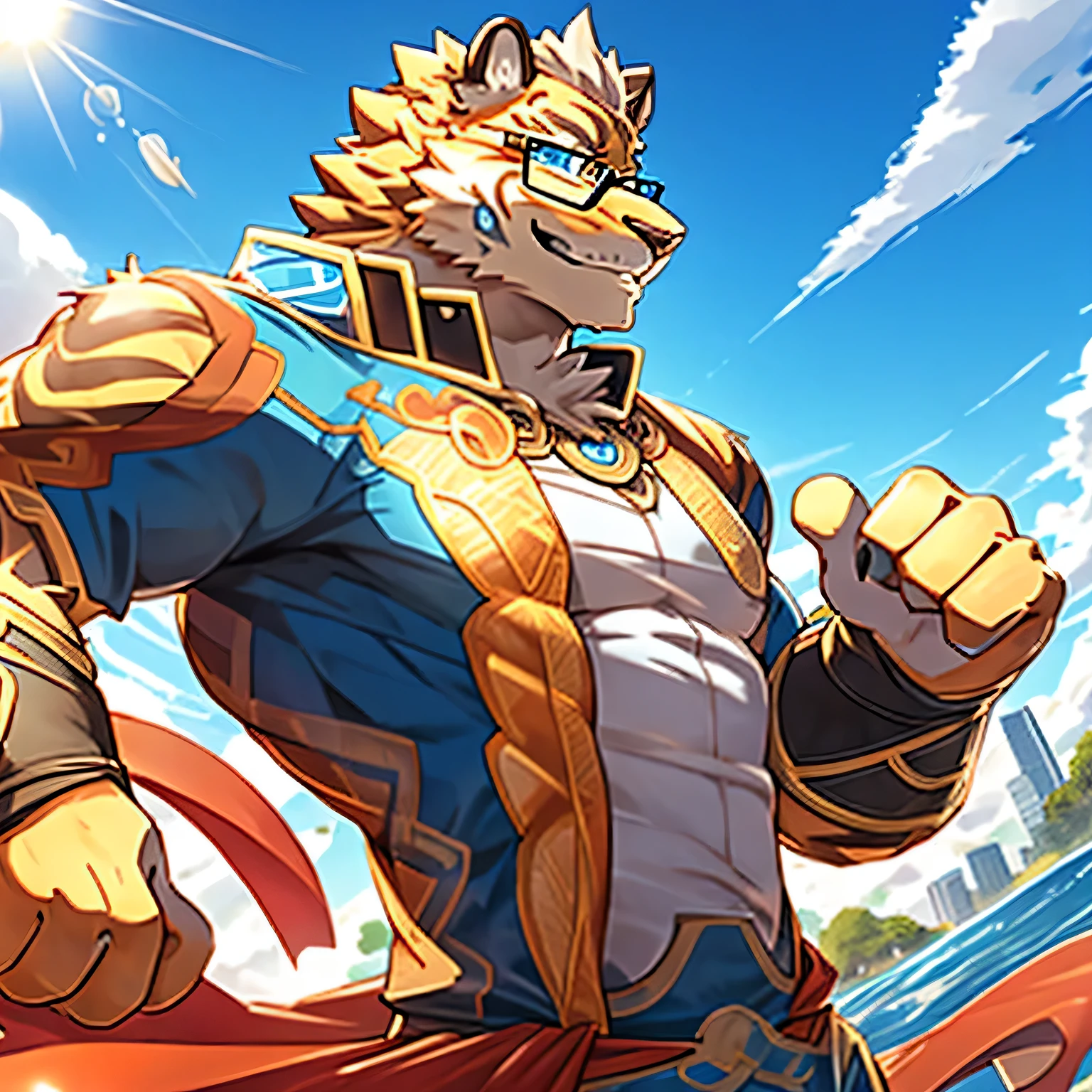 Lin Hu,Blue eyes,Side view,Strong figure,Wear half-rimmed glasses ,Wearing a superhero costume,Wearing a superhero costume,Sunny and cheerful,five fingers five fingers,Best quality,Best quality,8k,HD,There is only one character in the screen