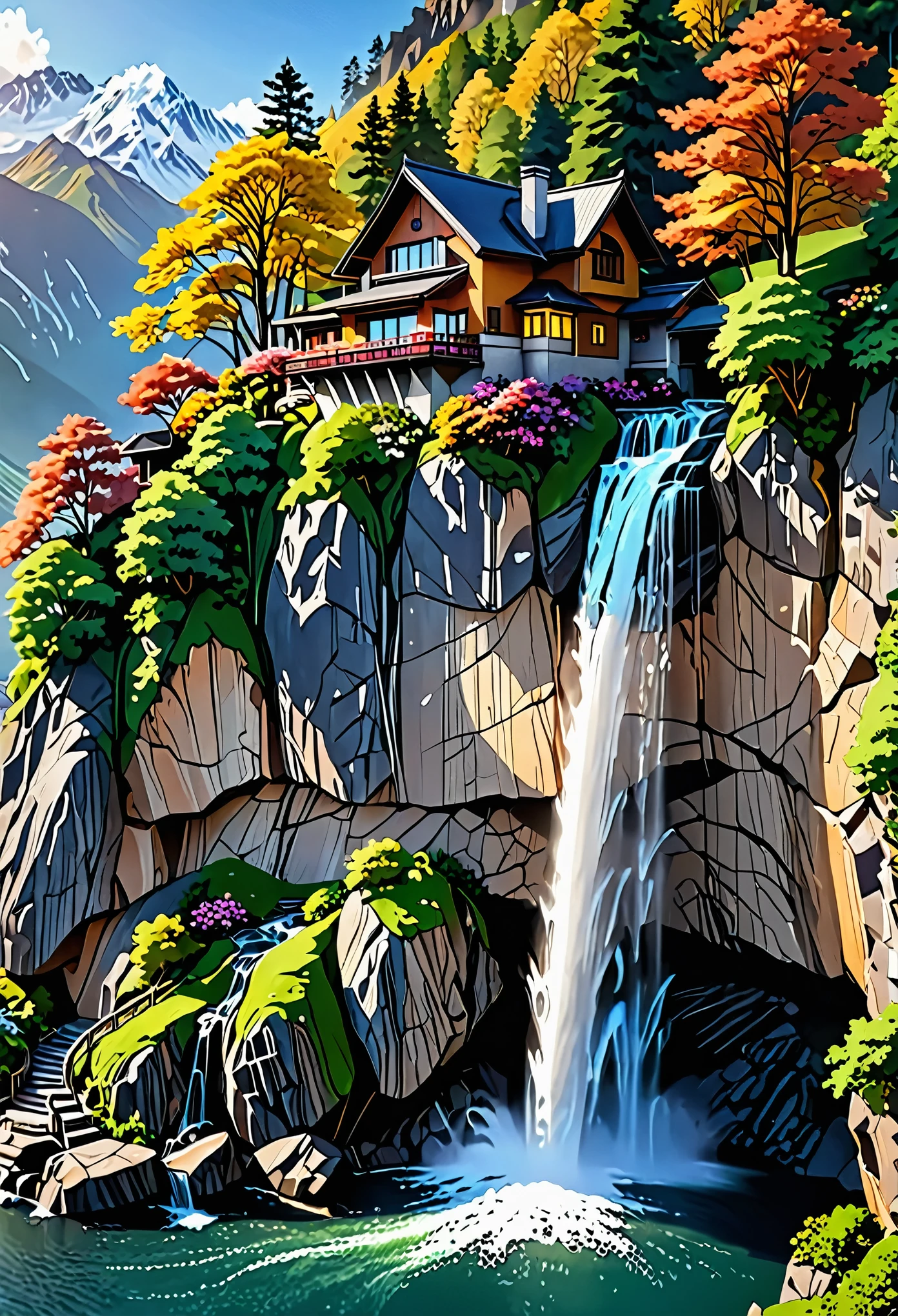 A breathtaking picture of a waterfall cascading down a mountain range.、A quaint house built on a vertical cliff、A big inspiration for vertical wallpapers。This 4K and 8K masterpiece、The crystal clear water of the waterfall flows gracefully down the mountain.、Because it creates a dramatic and aesthetically pleasing scene、Showcasing the intricate details of scenic backgrounds。Fine lines and textures are rendered accurately.、It has a matte finish that accentuates the realistic and immersive feel。The house is decorated in warm colors.、Decorated with beautiful gardens and chimney smoke gently wafting the cool mountain air.、Blends seamlessly into the environment