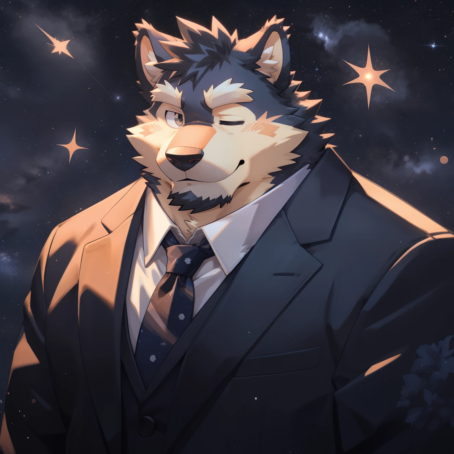 Scribble 德国牧羊dog face,Cute face,Humanity(dog),(Suit:1.3),Chubby,(white eyebrows:1.1),(With one eye closed:1.2),(perfect black eyes), Starry sky background,print style。(Artist:Takemoto Arashi)