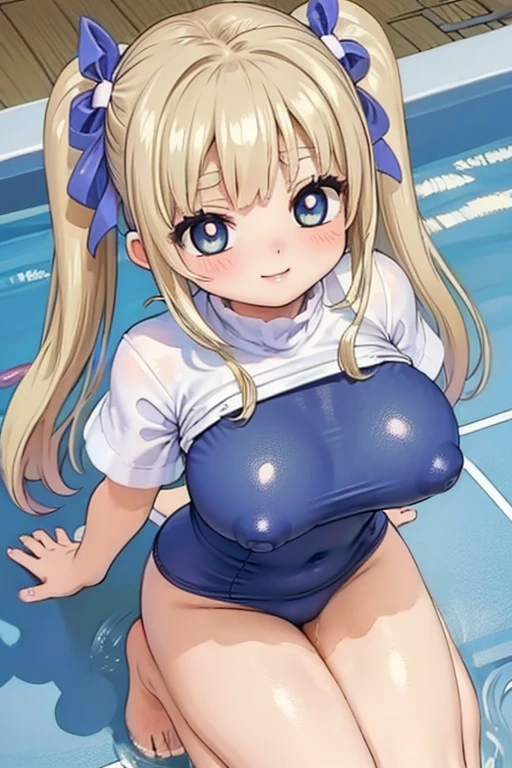 girl　Blonde　Baby Face　Big Breasts　Waistline　barefoot　barefoot　Nipples　School Swimsuit　Love juice　blush　smile　Open your mouth　Twin tails　Looking up　School swimming pool　Sensual　Provocative　Dominant　fine eyelashes　Big Eyes　