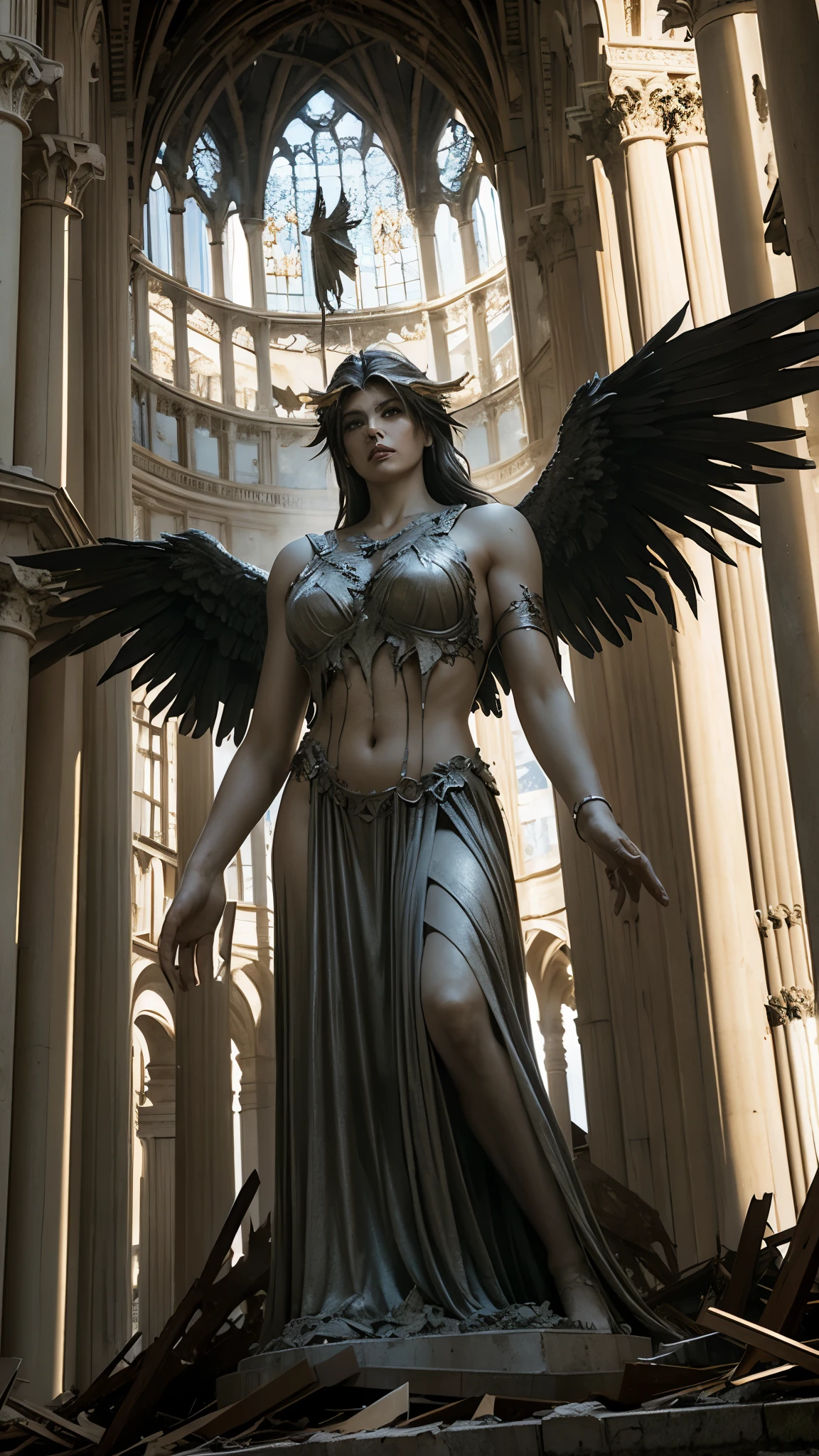 A colossal fallen statue of the archangel Lucifer, cracked halo and shattered wings amidst the ruins of a divine cathedral,