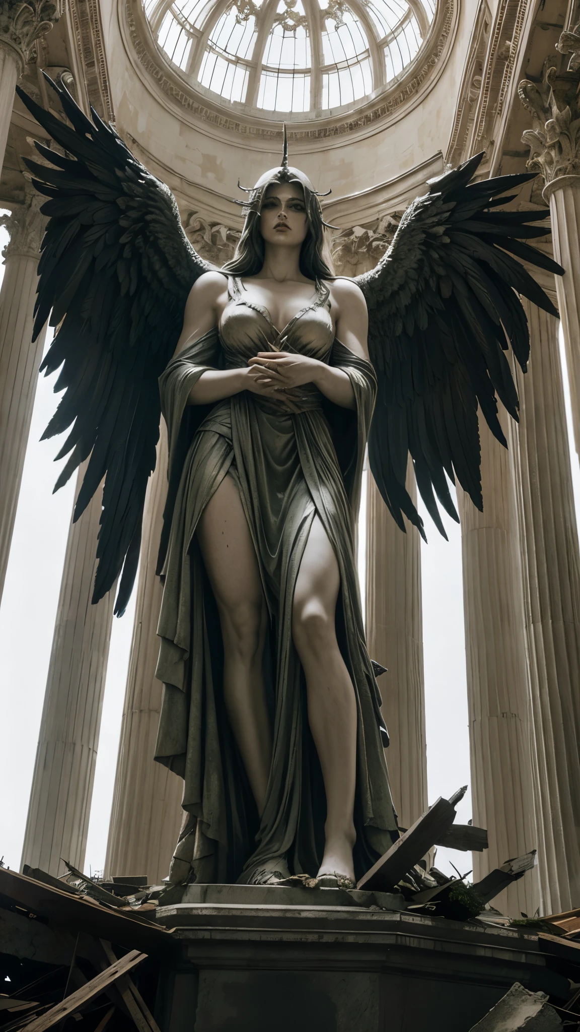 A colossal fallen statue of the archangel Lucifer, cracked halo and shattered wings amidst the ruins of a divine cathedral,