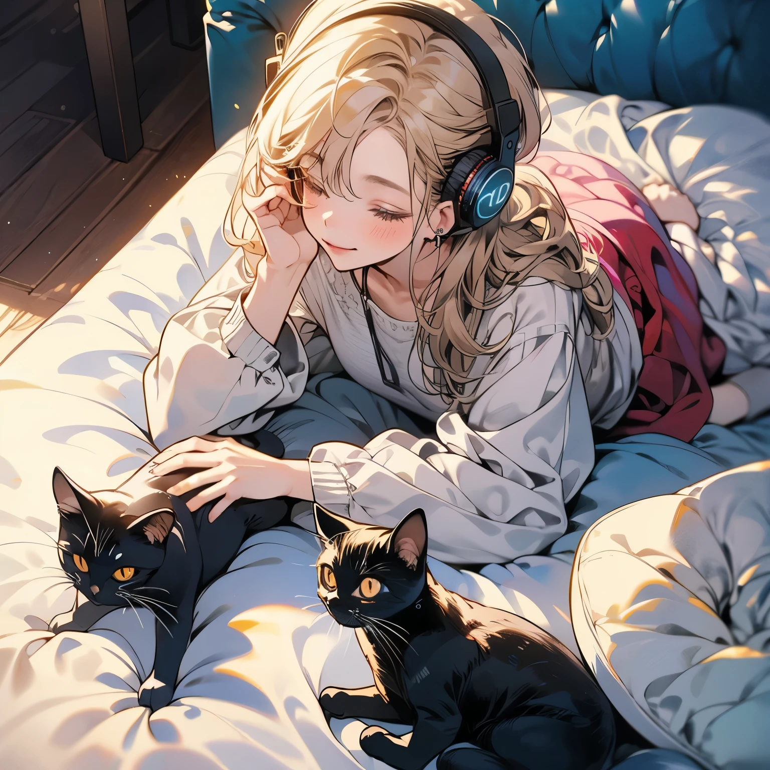 wideshot,old cartoon,in the room, woman listening to music,1 headphones,very detailed, supreme detail,lo-fi hip-hop,anime texture,solo,picture,gaze out at the outside,ultra-detailed,(best quality,4k,8k,highres,masterpiece:1.2),realistic,photorealistic:1.37,cell-shaded style,pastel color palette,soft lighting, landscape, study, with sleeping cat