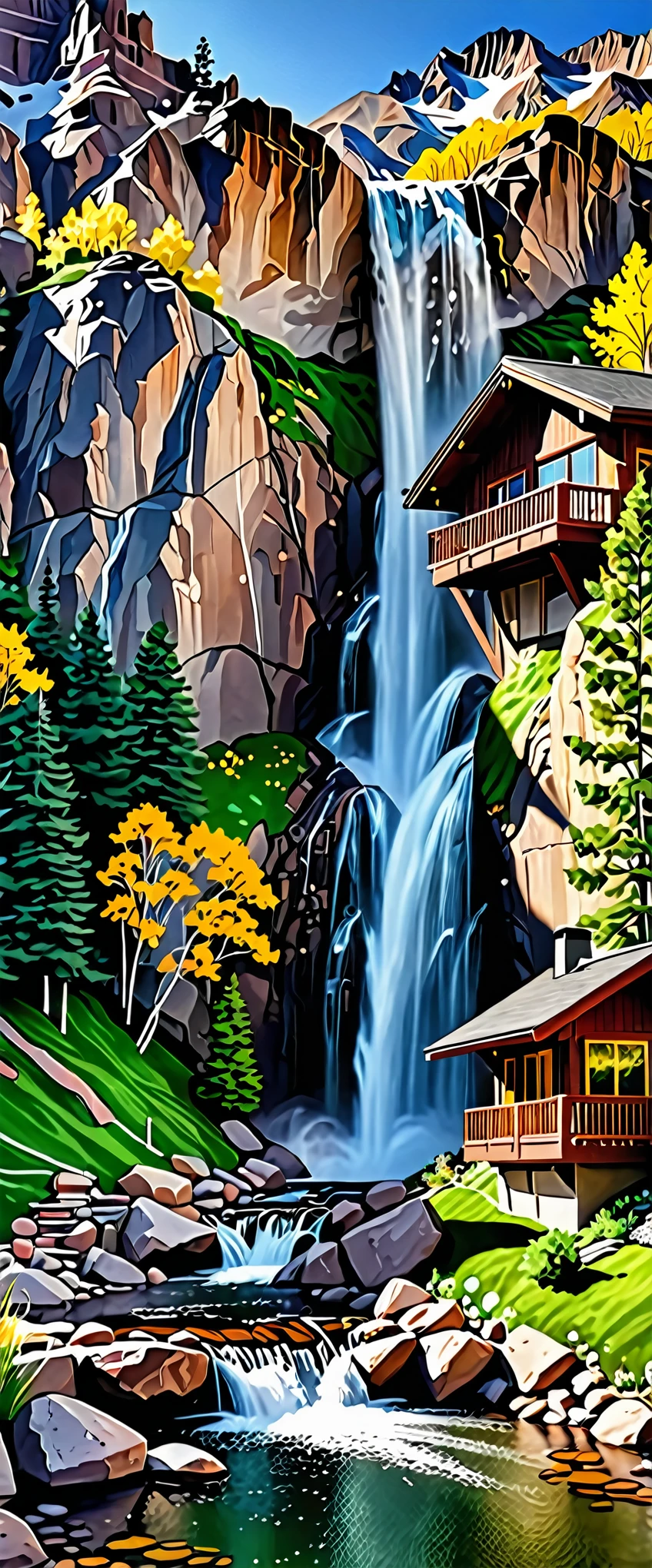 Beautiful images，A breathtaking picture of a waterfall cascading down a mountain range.、A quaint house built on a vertical cliff、A big inspiration for vertical wallpapers。This 4K and 8K masterpiece、The crystal clear water of the waterfall flows gracefully down the mountain.、Because it creates a dramatic and aesthetically pleasing scene、Showcasing the intricate details of scenic backgrounds。Fine lines and textures are rendered accurately.、It has a matte finish that accentuates the realistic and immersive feel。The house is decorated in warm colors.、Decorated with beautiful gardens and chimney smoke gently wafting the cool mountain air.、Blending seamlessly into the environment, Colorado&#39;s natural wonders