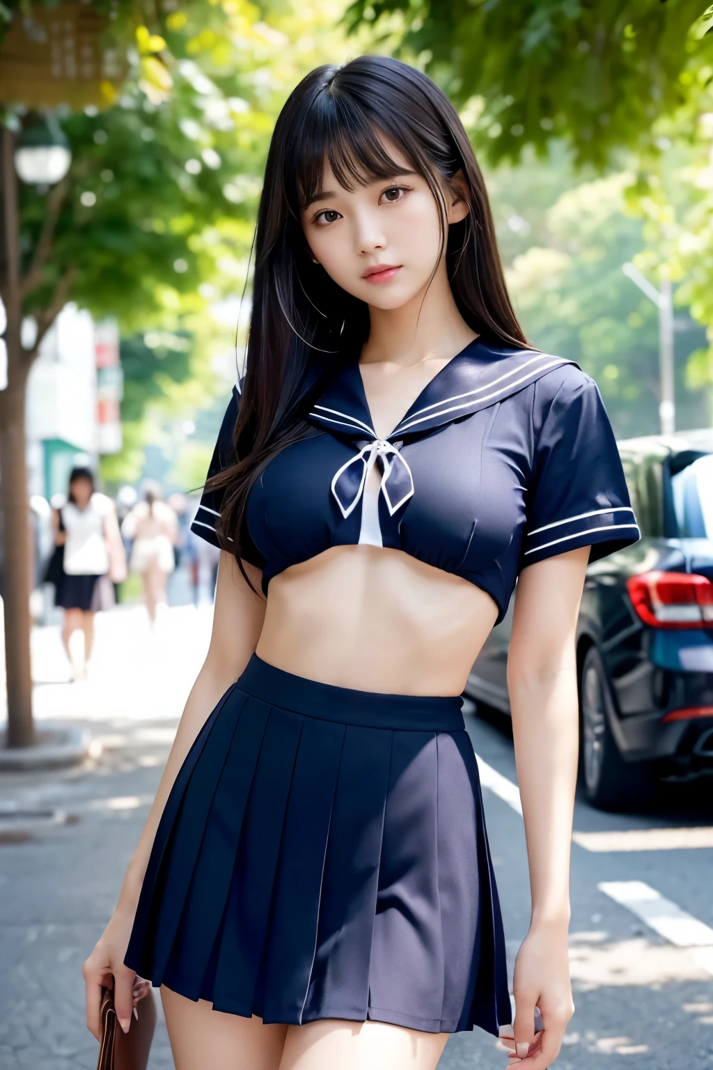 Nipples are hidden by clothes、((nsfw))、(highest quality:1.4)、(Hyper Quality)、(Super fine)、(((A cute 18 year old Japanese girl)))、(Small breasts)、Super cute and amazing face and eyes、(Thin short-sleeved sailor suit)White Rehmannia）、Low-rise black pleated micro mini skirt：1.1、（Black pleated mini skirt：1.5）、（The shape of the nipples protruding from the uniform：1.4）、(The fabric of her uniform is thin so her breasts are clearly visible.:1.3)、Realistic reproduction of uniform wrinkles、(Underboob:1.3)、(Slender body:1.1)、(Slender and long beautiful legs)、(Narrow waist)、Realistic skin texture、Translucent, extremely white skin、(bangs:1.2)、light makeup、(Don&#39;t stare、Look forward)、Beautiful Goddess Descends、Beautiful background、Golden Ratio、Super fine、Precision、High level of detail、Walk through the crowds on the street、My chest is shaking、Super close、Sexy Art、Under the summer sun、Bright light、Super detailed illustration、High-definition CG integrated 8K wallpaper、RAW Photos、