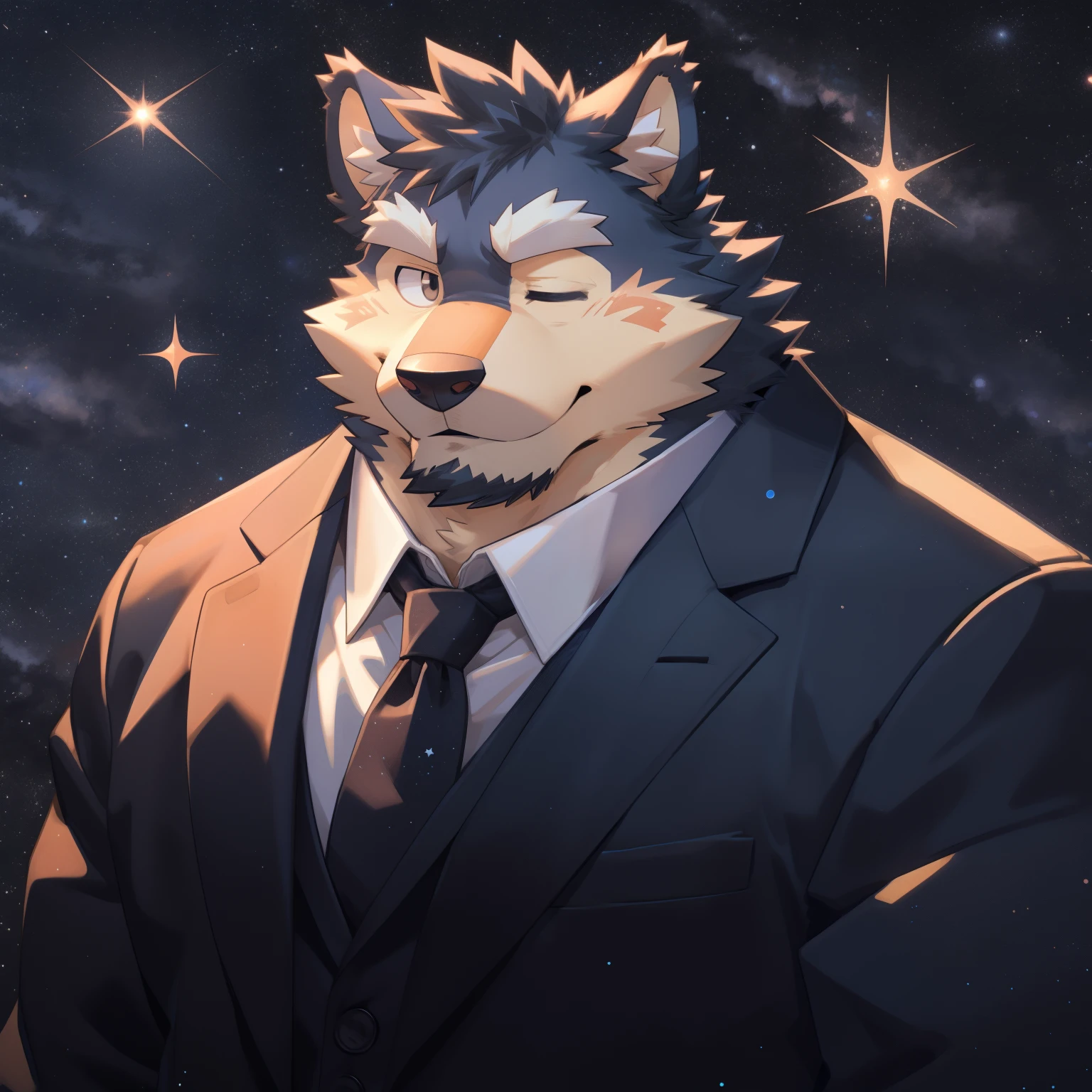 Scribble 德国牧羊dog face,Cute face,Humanity(dog),(Suit:1.3),Chubby,(white eyebrows:1.1),(With one eye closed:1.2),(perfect black eyes), Starry sky background,print style。(Artist:Takemoto Arashi)