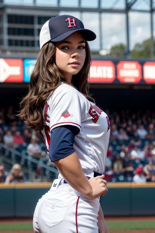 Foreground: a gorgeous Hailee Steinfeld, age 25, wavy hair in the wind. she's a men magazine model, She has a subtle smile and flirts with the camera, (she wears baseball uniform with baseball cap:1.2), (standing on the baseball field:1.3), background baseball stadium, large crowd, sundown lighting, perfect eyes, perfect hands, perfect body, perfect hair, perfect breasts, large breasts, hair behind ear, UHD, retina, masterpiece, accurate, anatomically correct, textured skin, super detail, high details, high quality, award winning, best quality, highres, 16k, 8k,