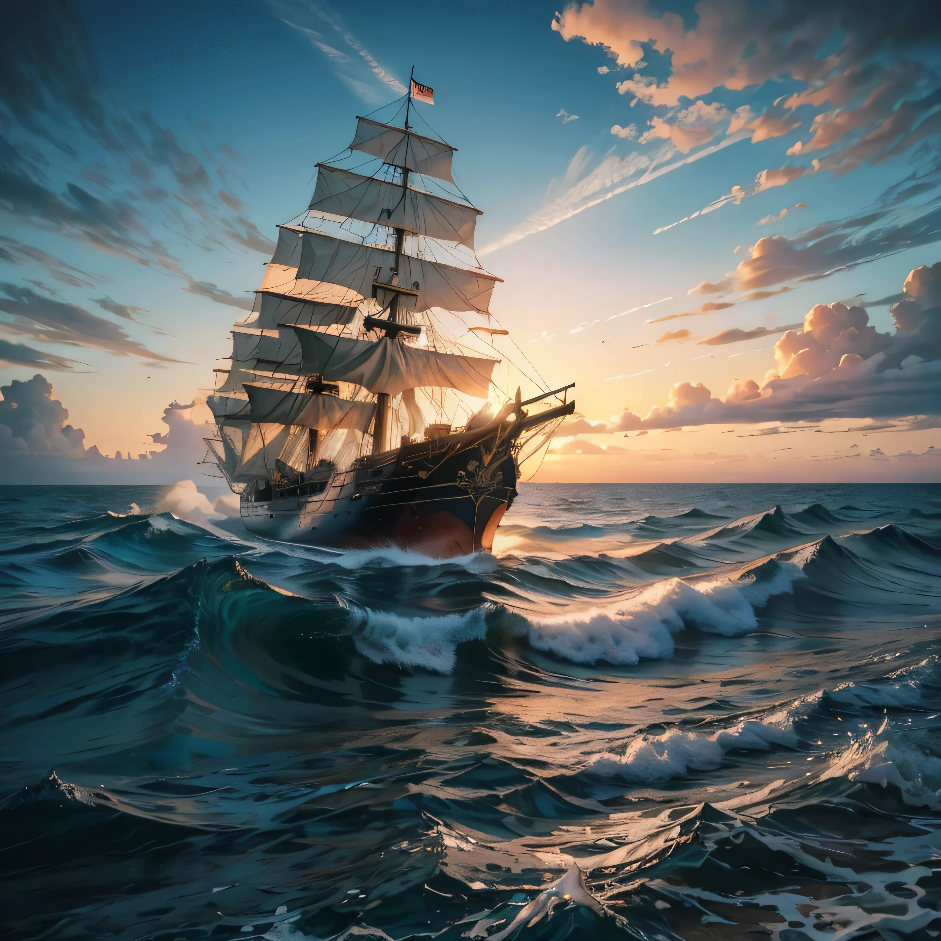 (highest quality, 8k) A magnificent masterpiece of a tall ship, Beautifully shot in the highest quality. The gun fires with incredible force., When pirates sail the vast ocean. A thin layer of mist adds a mystical atmosphere to the landscape., Enhance the atmosphere. A red sunset paints the sky in brilliant colors, Casting an enchanting glow on the ship's black sails. The images are very well drawn and、Feel the sea breeze、It's as if you can hear the waves crashing against the hull of the ship.。. It is a true work of art that will transport you to a world of ocean adventure..