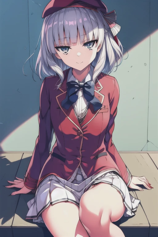 sakayanagi arisu, whole body,white hair,short girl,flat chest.Small breasts,petite.black beret,lace,blue bow, advanced nurturing high school uniform, red blazer, Buttons, jacket, Long sleeve, Pleated Skirt, White skirt, Absolute realm,Showing thighs,rest,Sitting, (red blazer:1.5),crutch,
rest looking at viewer, whole body,
rest (masterpiece:1.2), best quality, high resolution, Unity 8K wallpaper, (illustration:0.8), (Beautiful and delicate eyes:1.6), extremely detailed face, Perfect lighting, Extremely detailed CG, (Perfect hands, Perfect anatomical structure),