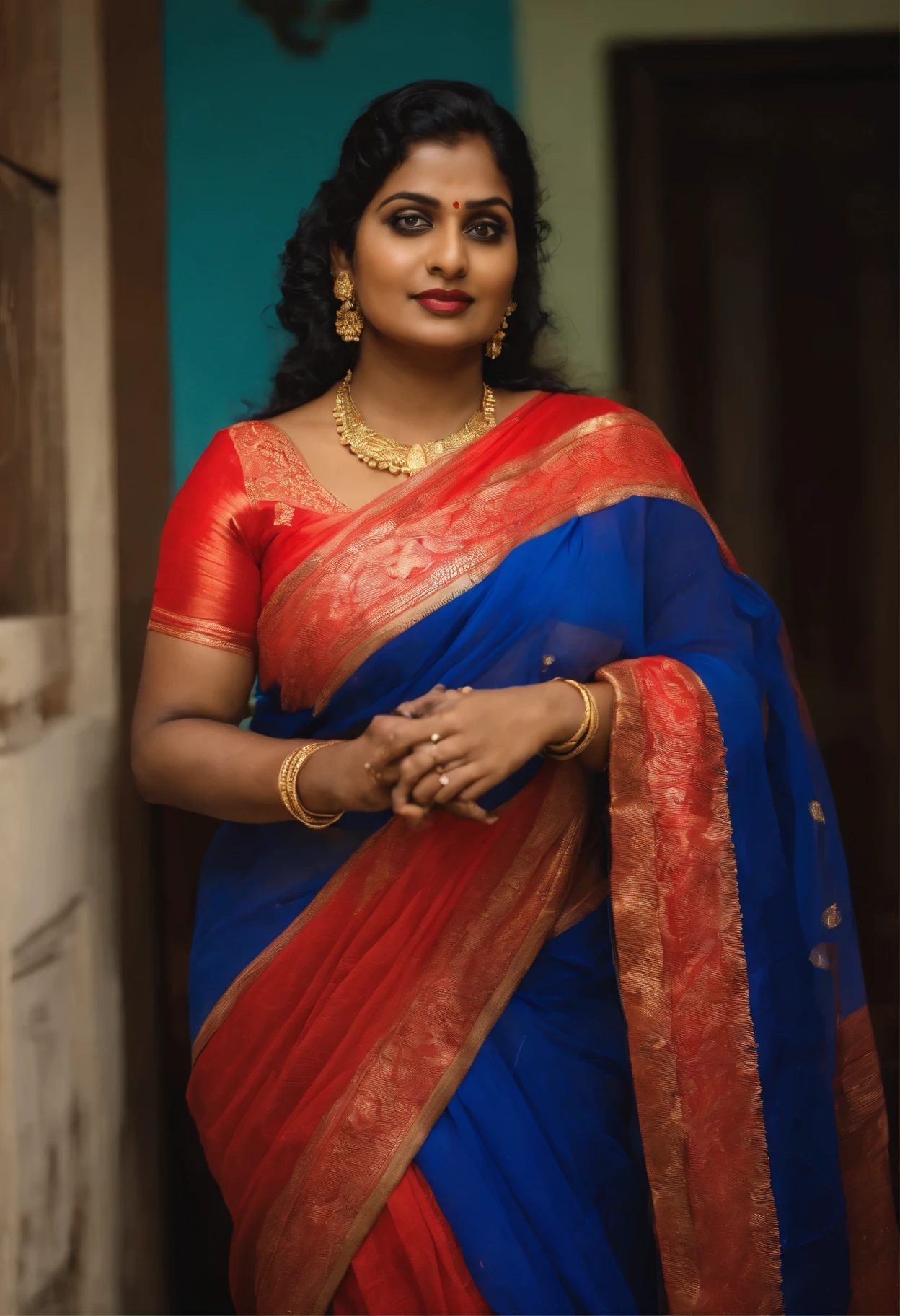 arafed South indian plus sized aunty wearing a saree hugging and kissing a 20 year old man in a bedroom, indian goddess, provocative indian, indian, blue colored traditional wear, dressed in a sari, intertwined full body view, sexy movie photo, wearing sari, with blue skin, taken with canon 5d mk4, wearing a sari, full frontal shot, full subject in shot, full body photogenic shot