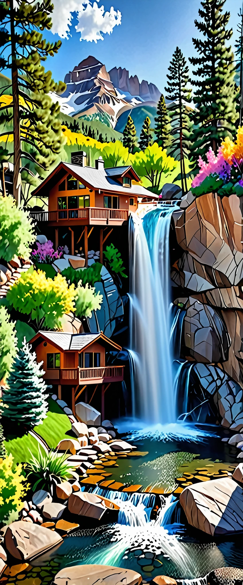 Beautiful images，A breathtaking picture of a waterfall cascading down a mountain range.、A quaint house built on a vertical cliff、A big inspiration for vertical wallpapers。This 4K and 8K masterpiece、The crystal clear water of the waterfall flows gracefully down the mountain.、Because it creates a dramatic and aesthetically pleasing scene、Showcasing the intricate details of scenic backgrounds。Fine lines and textures are rendered accurately.、It has a matte finish that accentuates the realistic and immersive feel。The house is decorated in warm colors.、Decorated with beautiful gardens and chimney smoke gently wafting the cool mountain air.、Blending seamlessly into the environment, Colorado&#39;s natural wonders