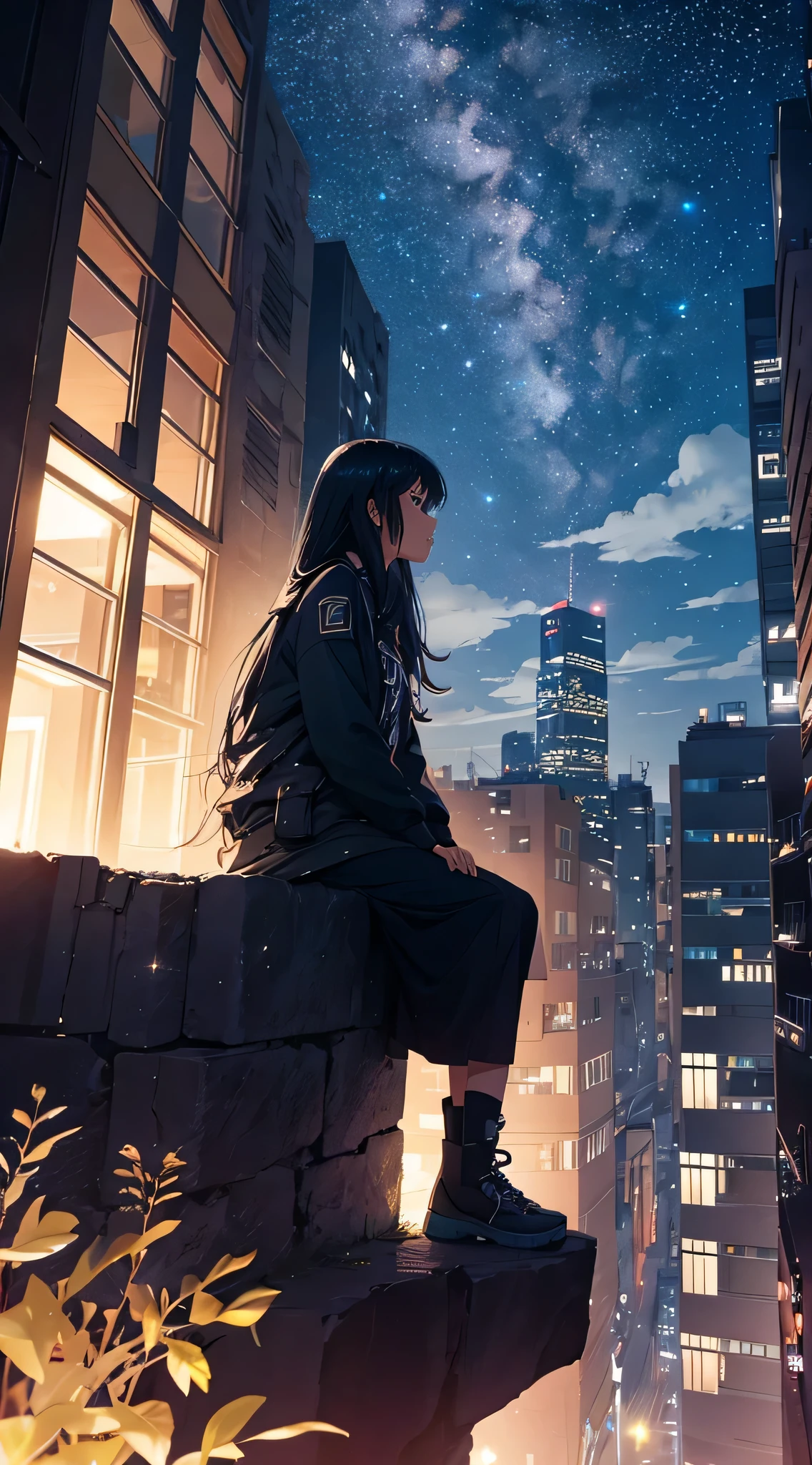 octans, sky, star (sky), scenery, starry sky, night, 1girl, night sky, solo, outdoors, building, cloud, milky way, sitting, tree, long hair, city, silhouette, cityscape