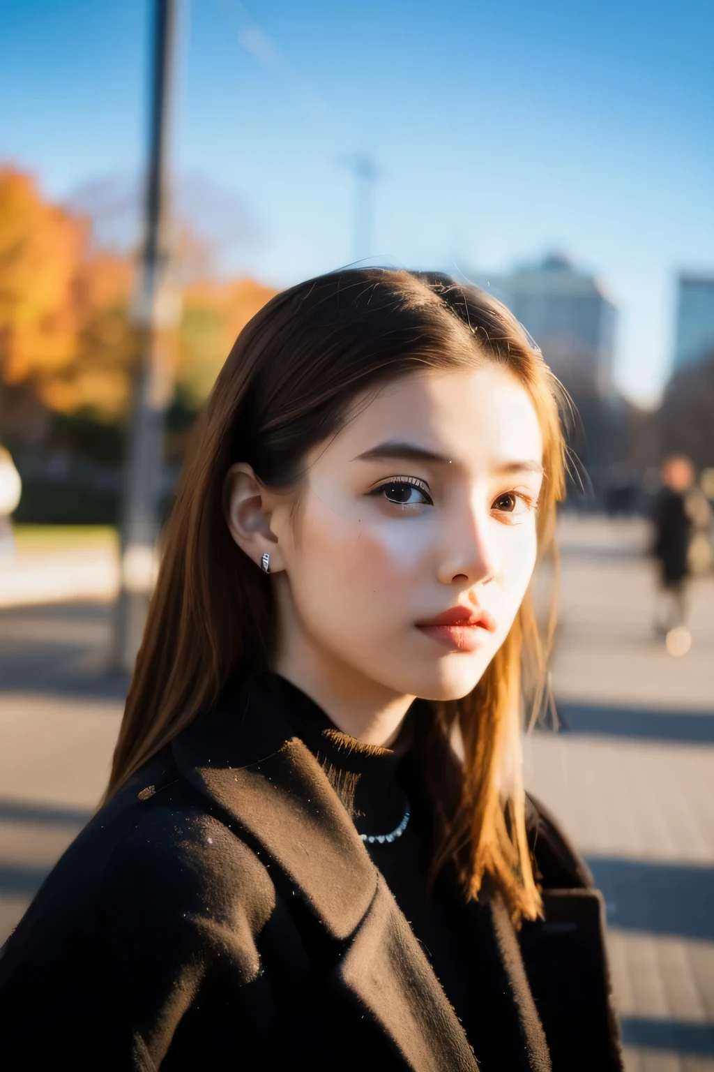 youth,1 girl,I look at the viewer, Whole body,Jewelry, necklace, ultra realistic, Brown hair, blurred background, blurred,bang, black eyes,Park,people in the background, Winter coat, full face, looking at the camera dynamic pose, Blur,
warm sun,winter,snow,