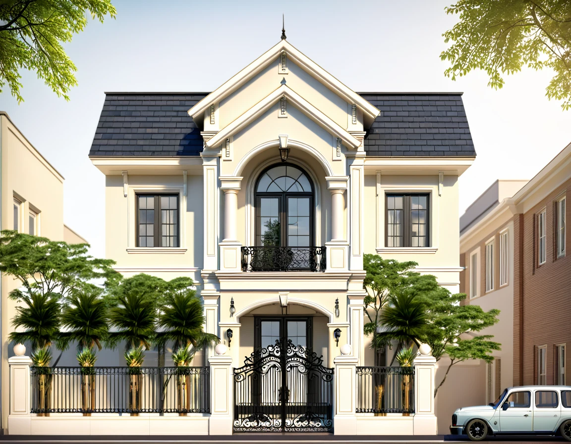 rendering of a townhouse with a roof and a balcony, gate, frontview, front elevation view, ((neo - classical style)) neoclassic, classic, Classic Style House ,street elevation, an architectural, front perspective, exterior design, residential, front elevation, overall architectural design, elevation view, front view dramatic, rendering, front-view, architectural, 2 d render, detailed renderings, sidewalk, sidewalk trees, plants and trees, cars, street, bustling city, residential neighborhood
Raw photo, ((realistic)) ,natural light, daylight, clear sky, sunny cinematic, film grain, 8k uhd, wide angle view, 50mm focal length, soft light, ((high detail:1.2)), Fujifilm XT3