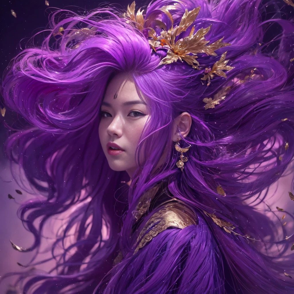 32K（tmasterpiece，k hd，hyper HD，32K）Long flowing bright purple hair，Autumn Pond，zydink， a color， Asian people （Silly girl）， （Silk scarf）， Combat posture， looking at the ground， long whitr hair， Floating bright purple， Fire cloud pattern gold skull headdress， Chinese long-sleeved gold silk garment， （abstract ink splash：1.2）， white backgrounid，Lotus protector（realisticlying：1.4），Bright purple hair，Smoke on the road，The background is pure，Side squats， A high resolution， the detail， RAW photogr， Sharp Re， Nikon D850 Film Stock Photo by Jefferies Lee 4 Kodak Portra 400 Camera F1.6 shots, Rich colors, ultra-realistic vivid textures, Dramatic lighting, Unreal Engine Art Station Trend, cinestir 800，Long flowing bright purple hair