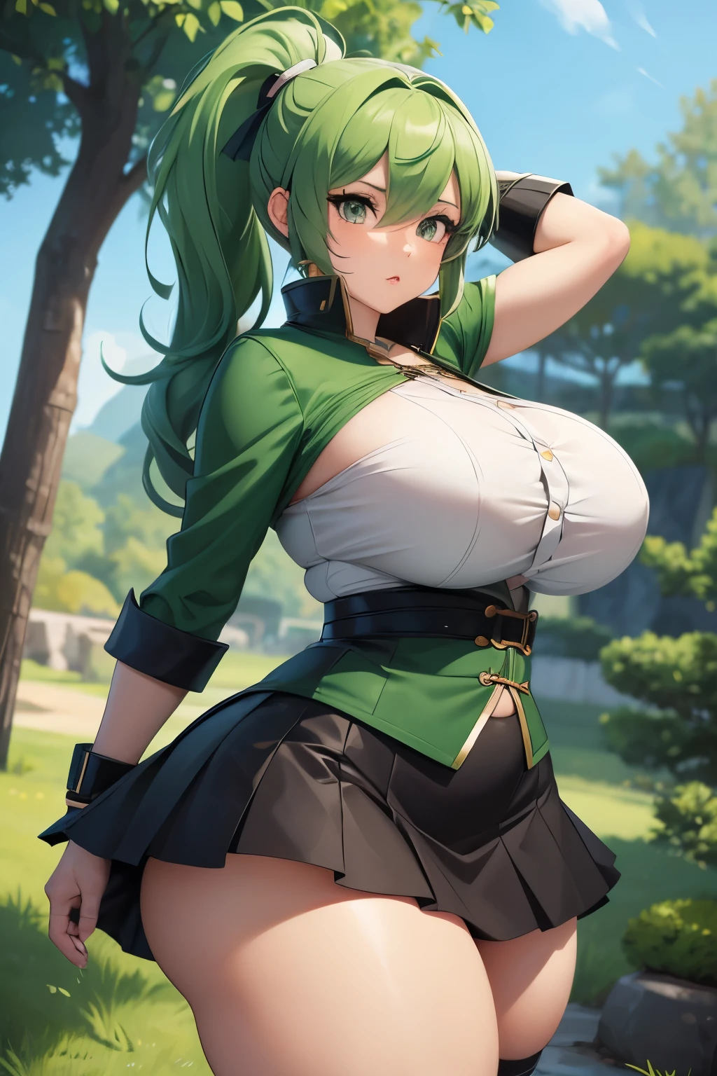 {anime girl} with green hair in a ponytail, she has gray eyes, she has a curvy body with big breast and a big butt, she is wearing a very {skimpy green fantasy outfit}, she is wearing a skirt, she has wind powers, she is an {archer}